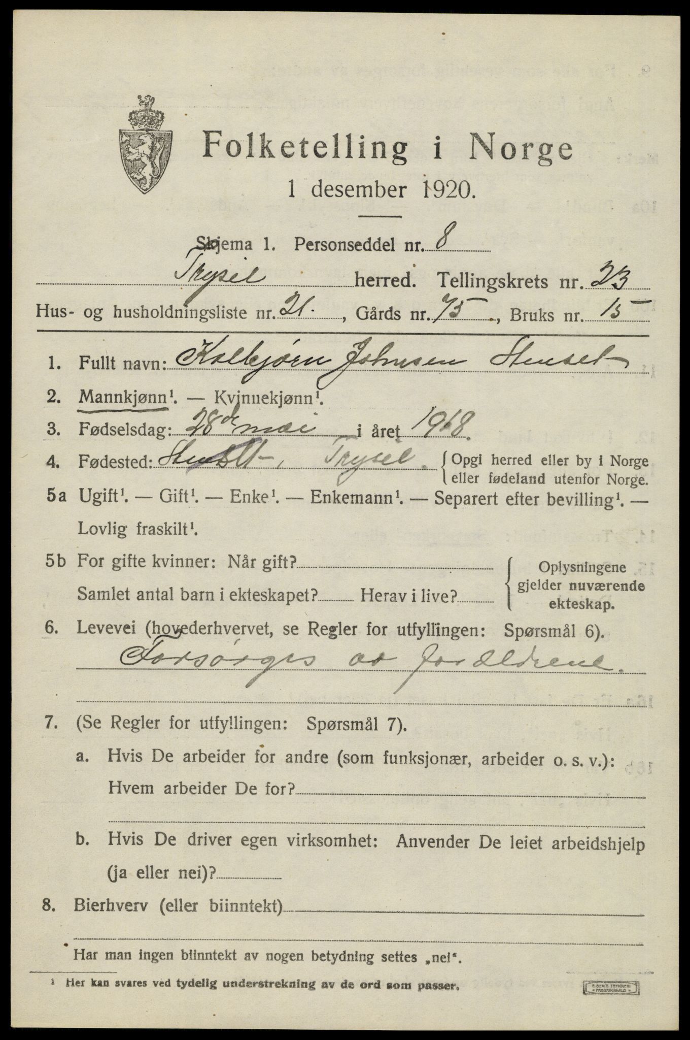 SAH, 1920 census for Trysil, 1920, p. 15107