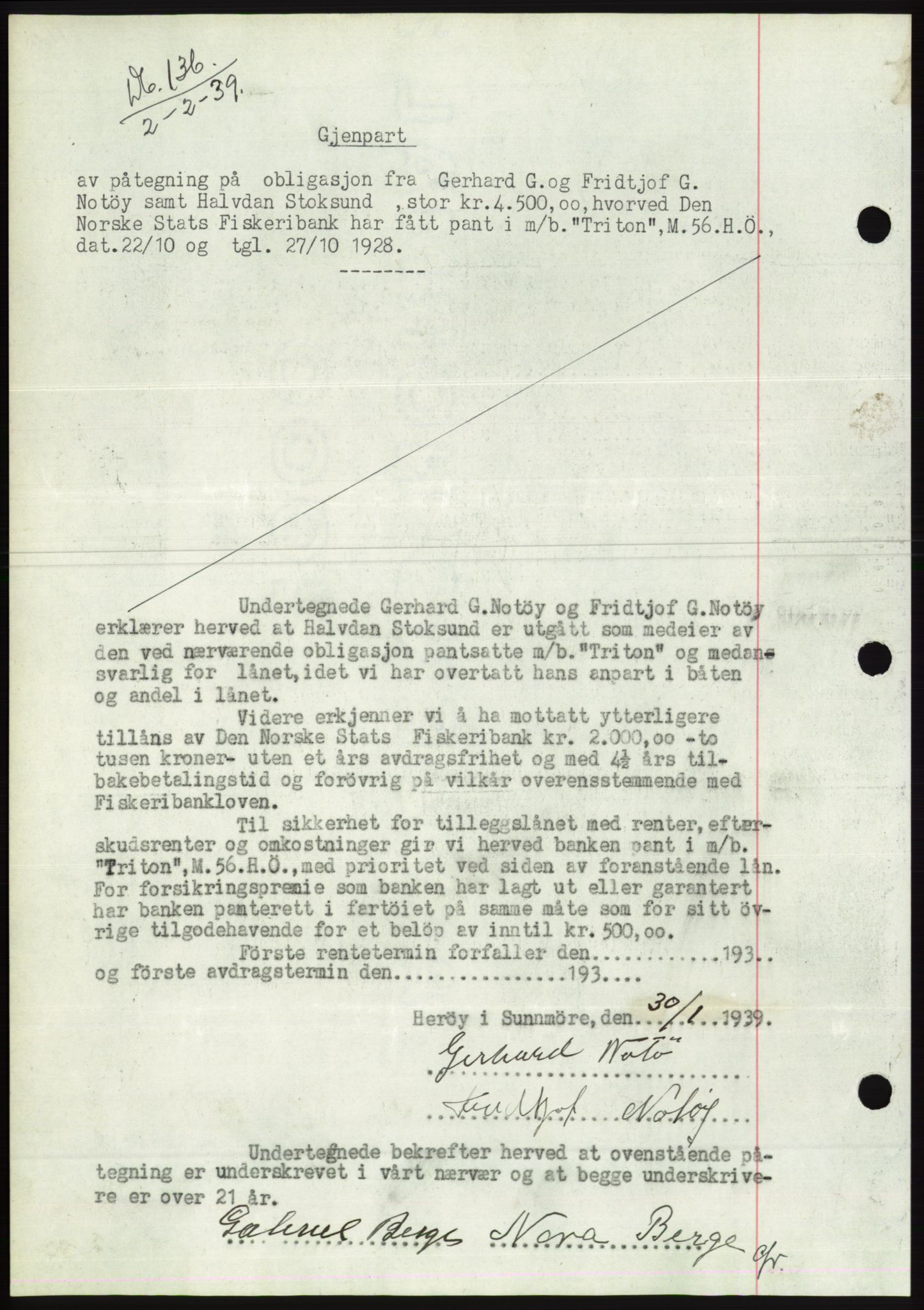 Søre Sunnmøre sorenskriveri, AV/SAT-A-4122/1/2/2C/L0067: Mortgage book no. 61, 1938-1939, Diary no: : 136/1939