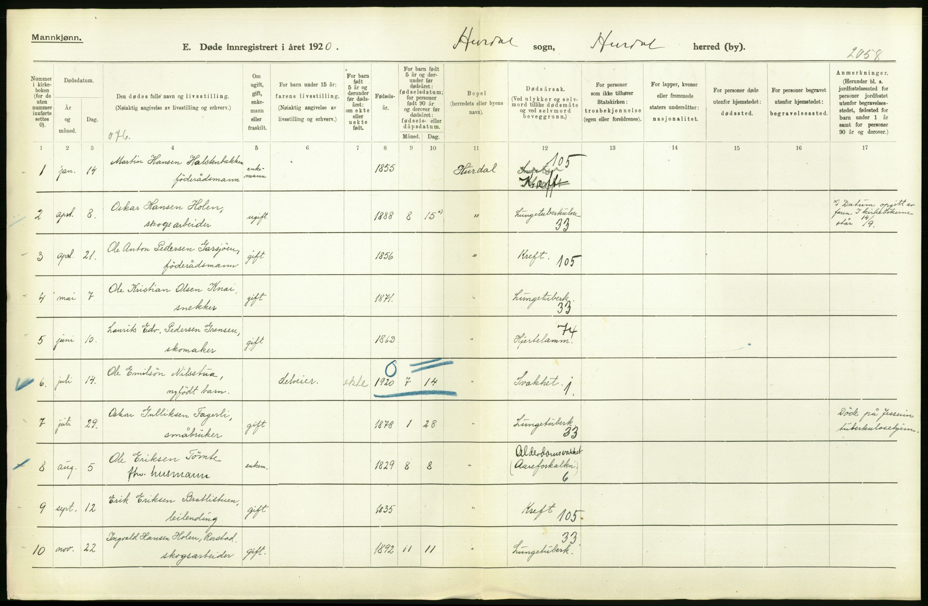 Statistisk sentralbyrå, Sosiodemografiske emner, Befolkning, AV/RA-S-2228/D/Df/Dfb/Dfbj/L0007: Akershus fylke: Døde. Bygder og byer., 1920, p. 246