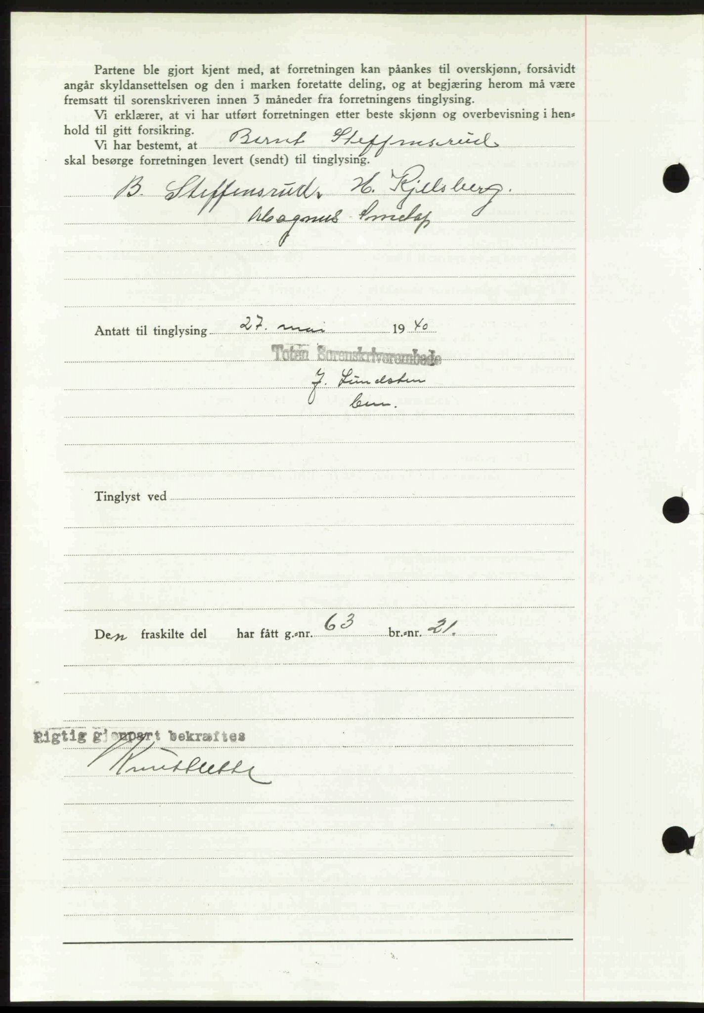 Toten tingrett, SAH/TING-006/H/Hb/Hbc/L0007: Mortgage book no. Hbc-07, 1939-1940, Diary no: : 496/1940