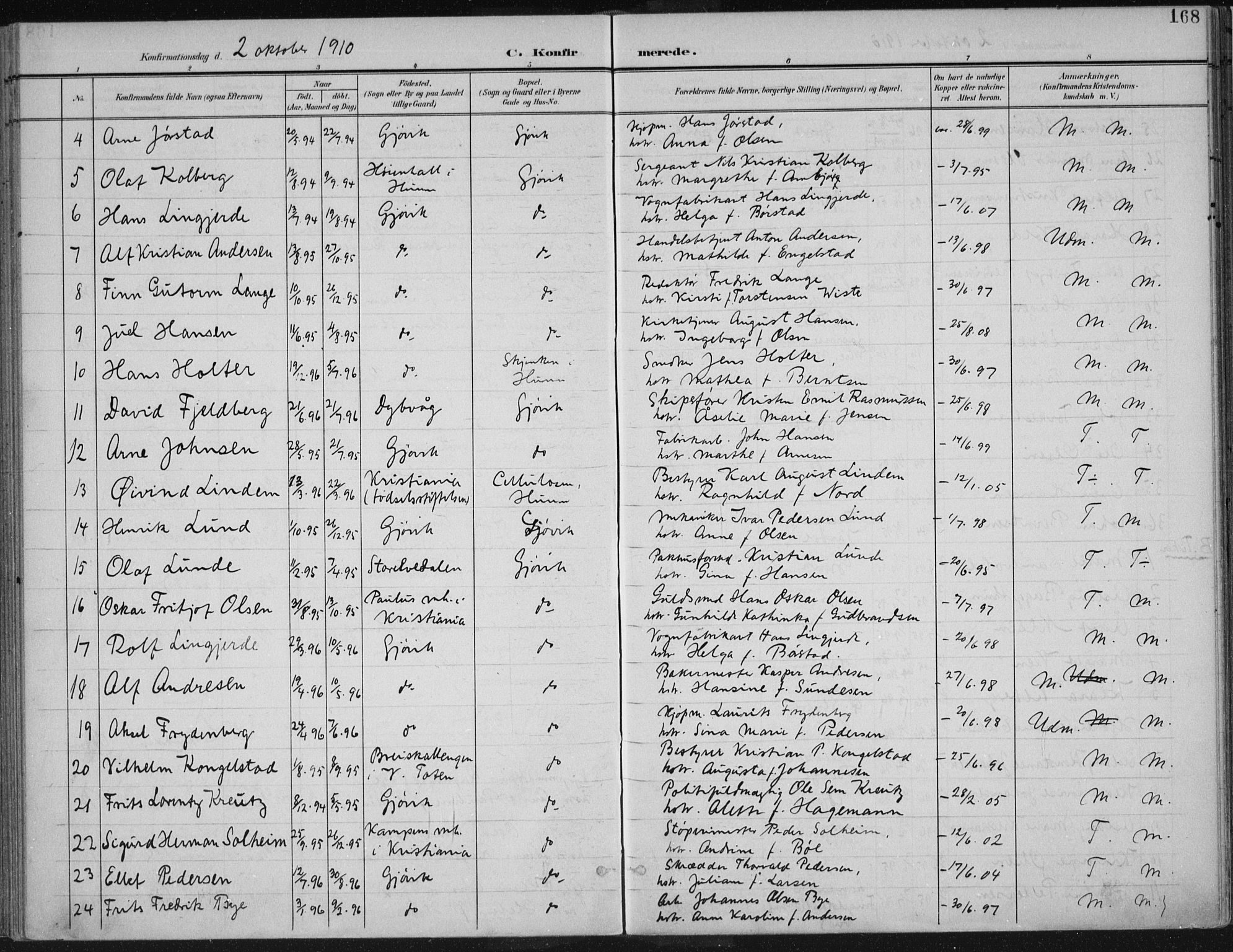 Vardal prestekontor, SAH/PREST-100/H/Ha/Haa/L0013: Parish register (official) no. 13, 1901-1911, p. 168