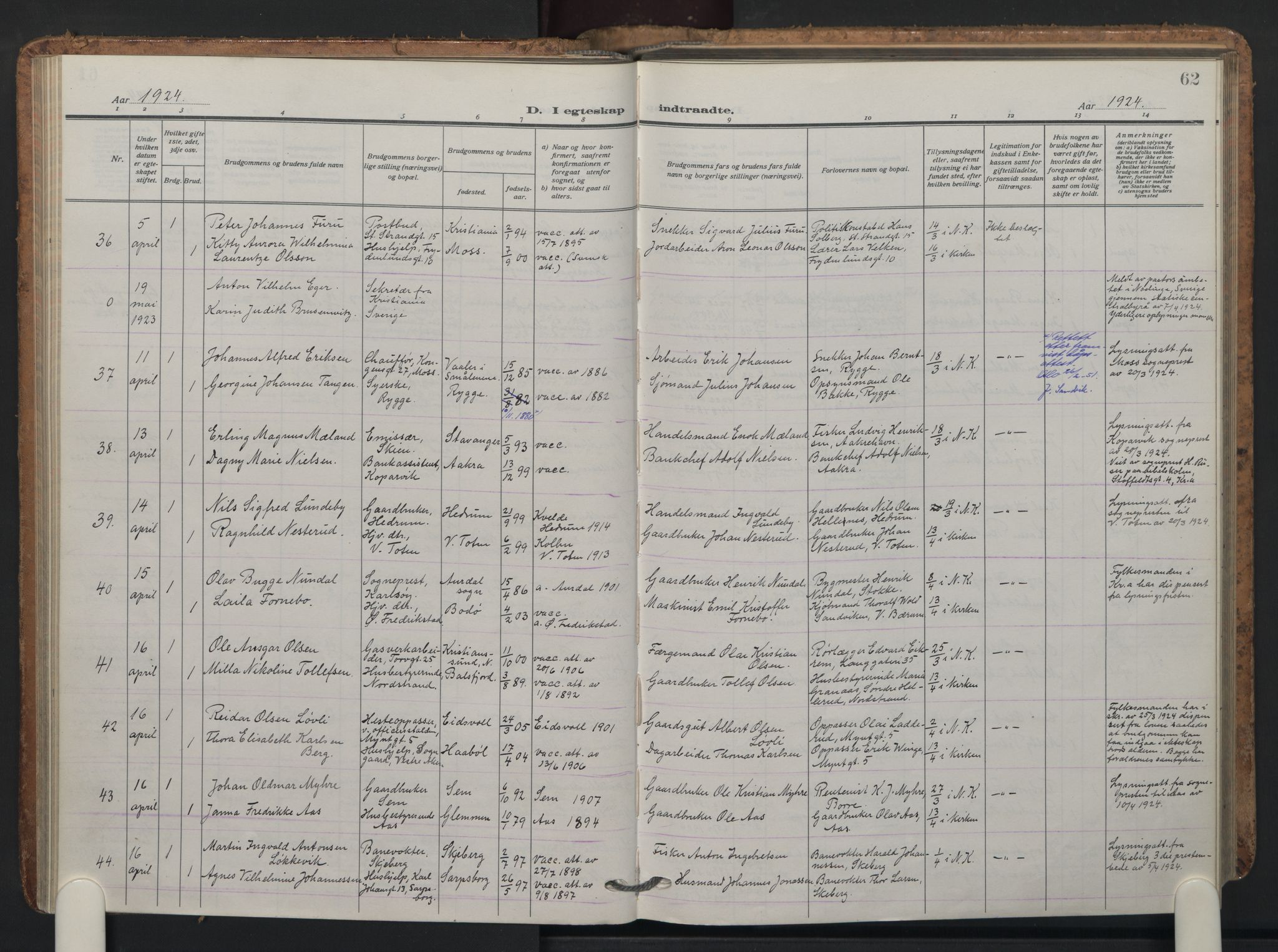 Oslo domkirke Kirkebøker, AV/SAO-A-10752/F/Fa/L0040: Parish register (official) no. 40, 1921-1932, p. 62