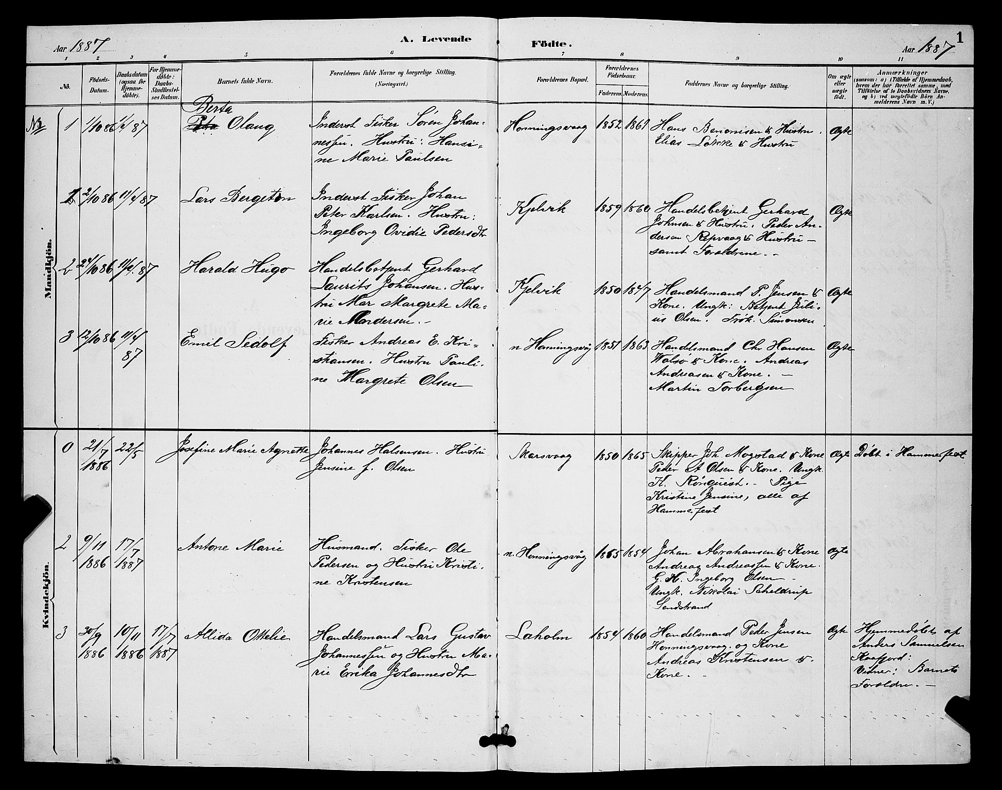 Måsøy sokneprestkontor, AV/SATØ-S-1348/H/Hb/L0004klokker: Parish register (copy) no. 4, 1887-1889, p. 1