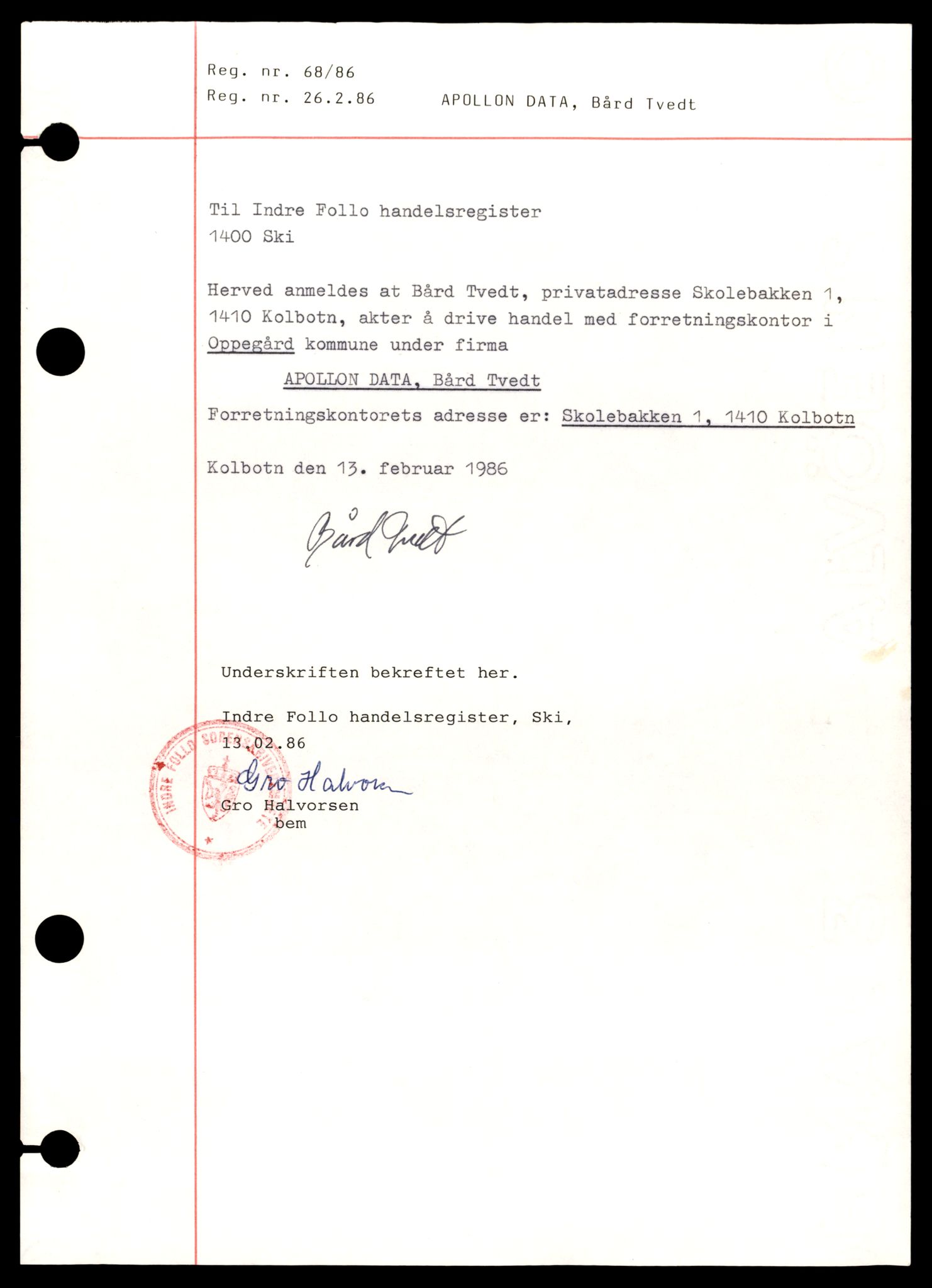 Indre Follo tingrett, SAT/A-10086/K/Ka/Kab/L0001: Enkeltmannsforetak, A - M, 1944-1990, p. 1