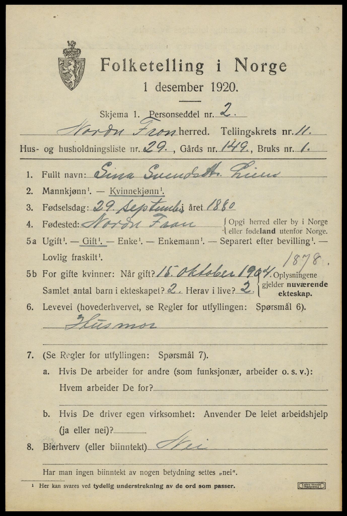 SAH, 1920 census for Nord-Fron, 1920, p. 9686