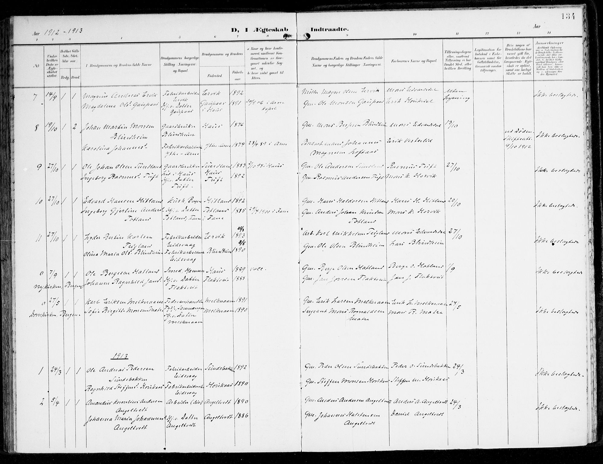Hamre sokneprestembete, SAB/A-75501/H/Ha/Haa/Haad/L0002: Parish register (official) no. D 2, 1899-1916, p. 134
