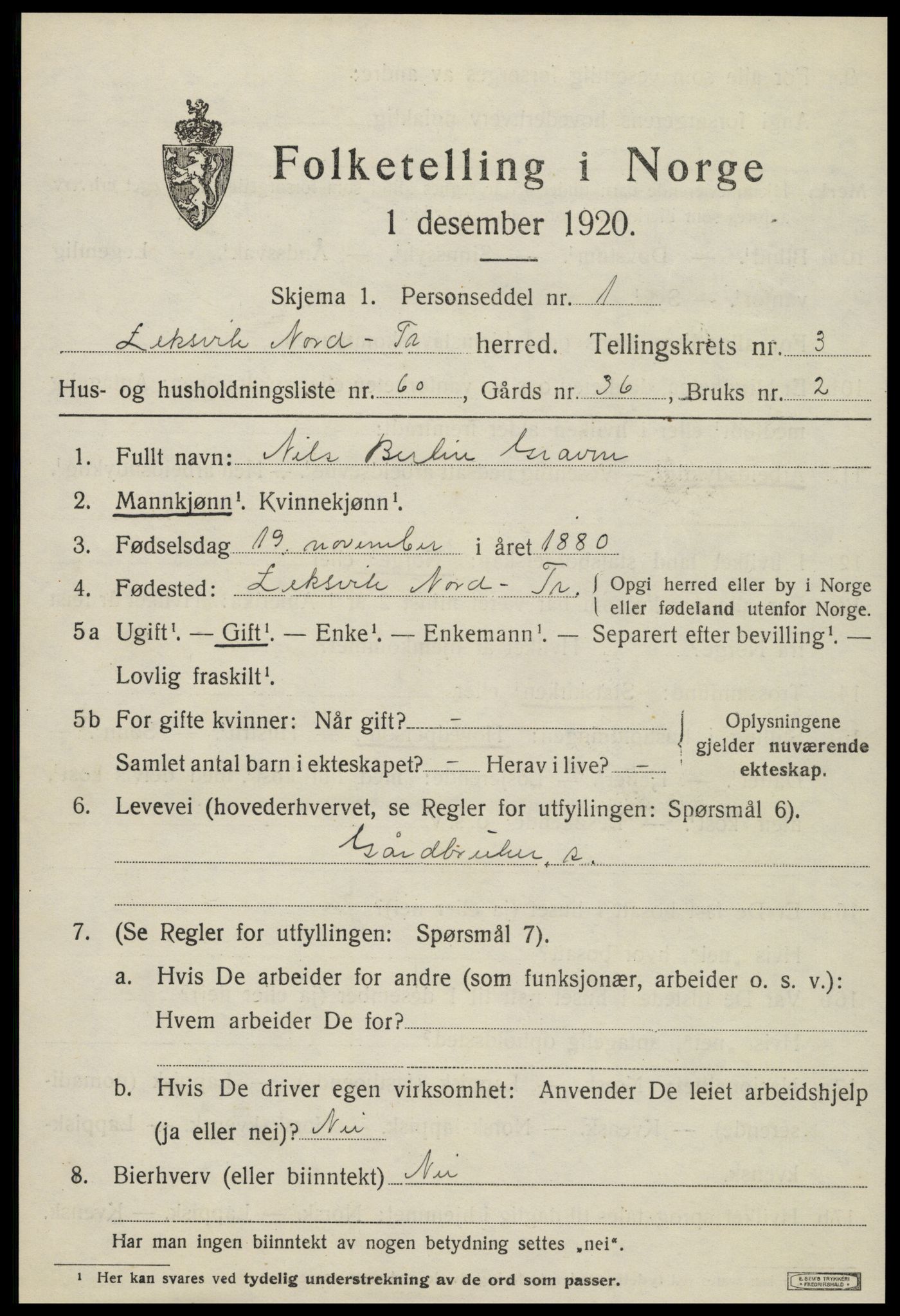 SAT, 1920 census for Leksvik, 1920, p. 3488