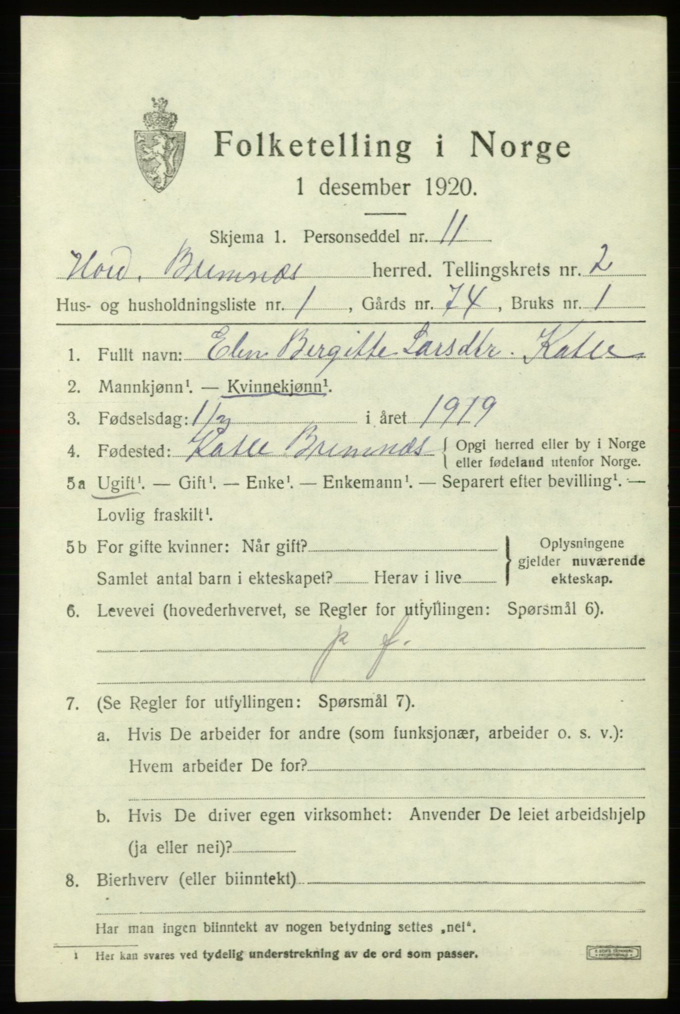 SAB, 1920 census for Bremnes, 1920, p. 1310