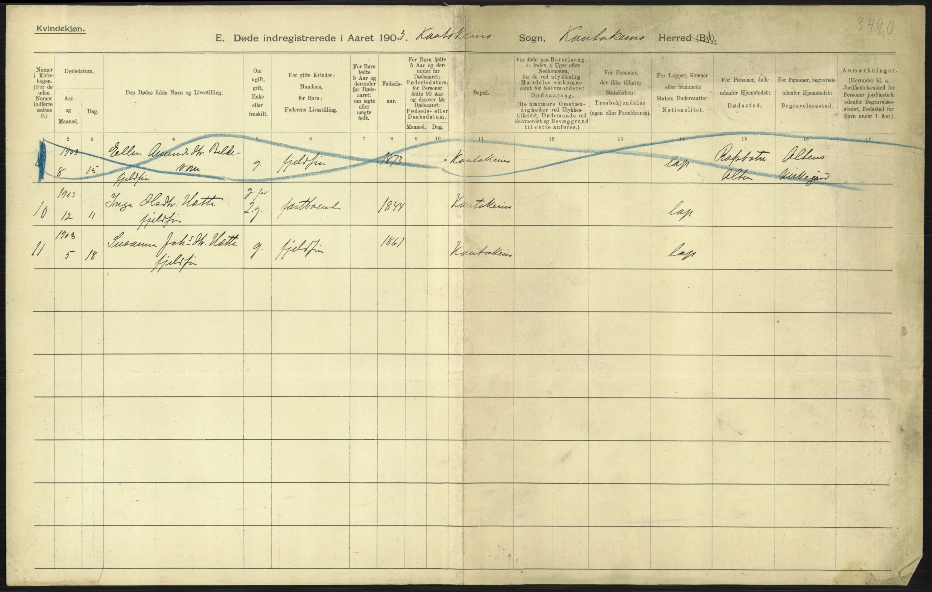 Statistisk sentralbyrå, Sosiodemografiske emner, Befolkning, AV/RA-S-2228/D/Df/Dfa/Dfaa/L0022: Finnmarkens amt: Fødte, gifte, døde., 1903, p. 207