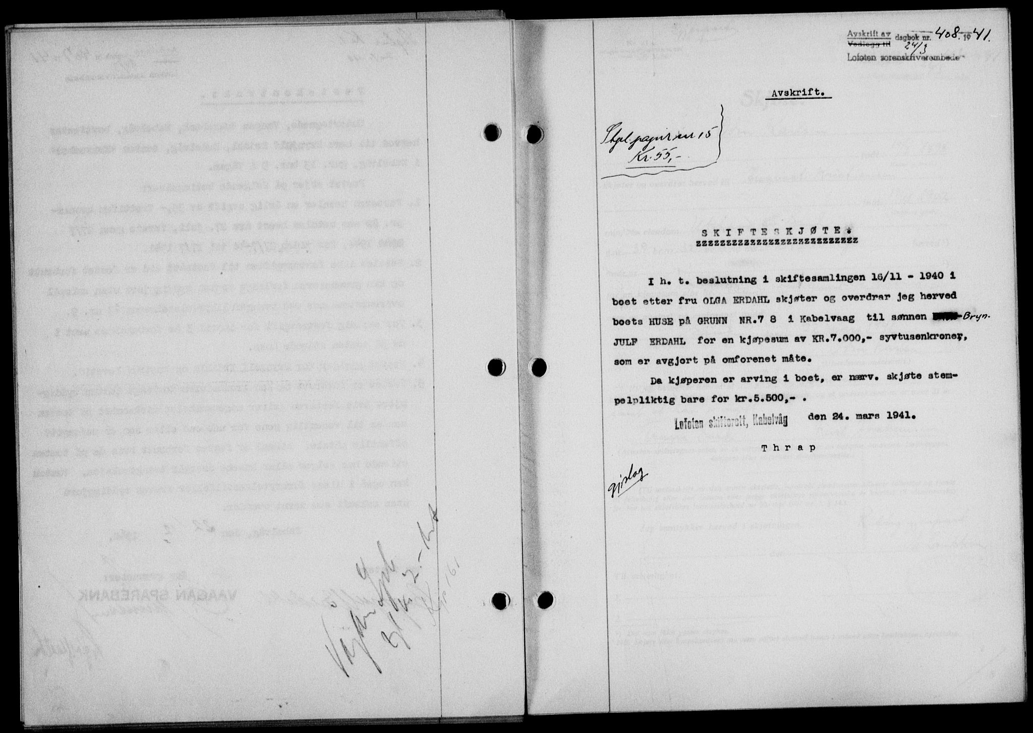 Lofoten sorenskriveri, SAT/A-0017/1/2/2C/L0008a: Mortgage book no. 8a, 1940-1941, Diary no: : 408/1941