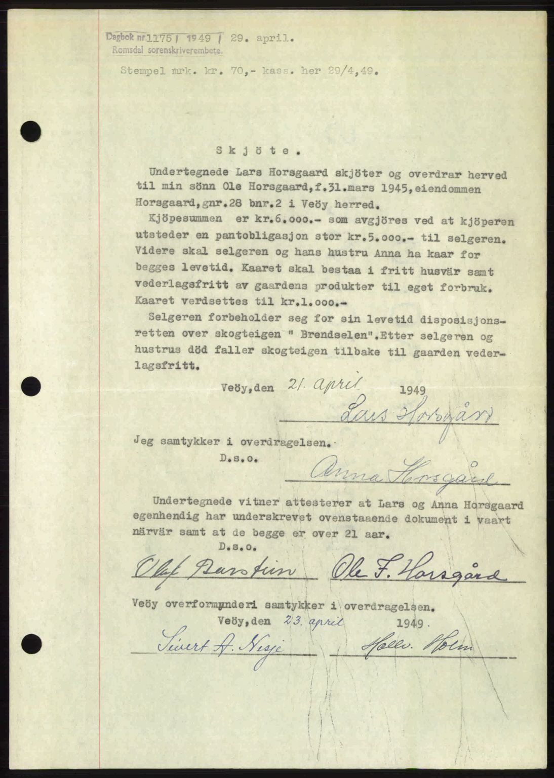 Romsdal sorenskriveri, AV/SAT-A-4149/1/2/2C: Mortgage book no. A29, 1949-1949, Diary no: : 1175/1949