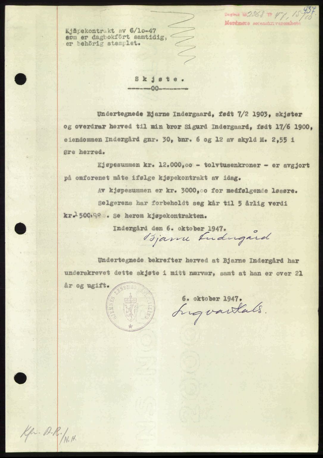 Nordmøre sorenskriveri, AV/SAT-A-4132/1/2/2Ca: Mortgage book no. A106, 1947-1947, Diary no: : 2368/1947