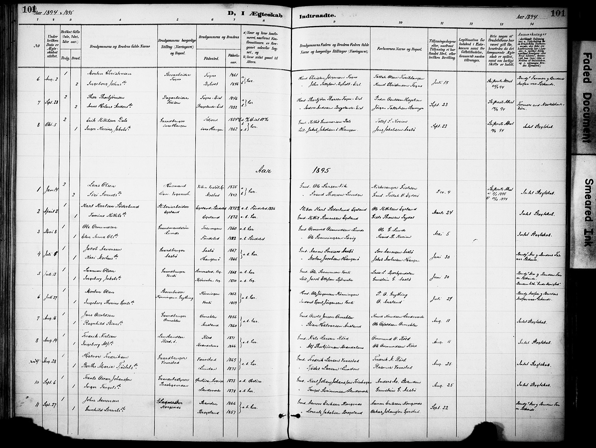 Gjerstad sokneprestkontor, AV/SAK-1111-0014/F/Fa/Faa/L0010: Parish register (official) no. A 10, 1891-1902, p. 101