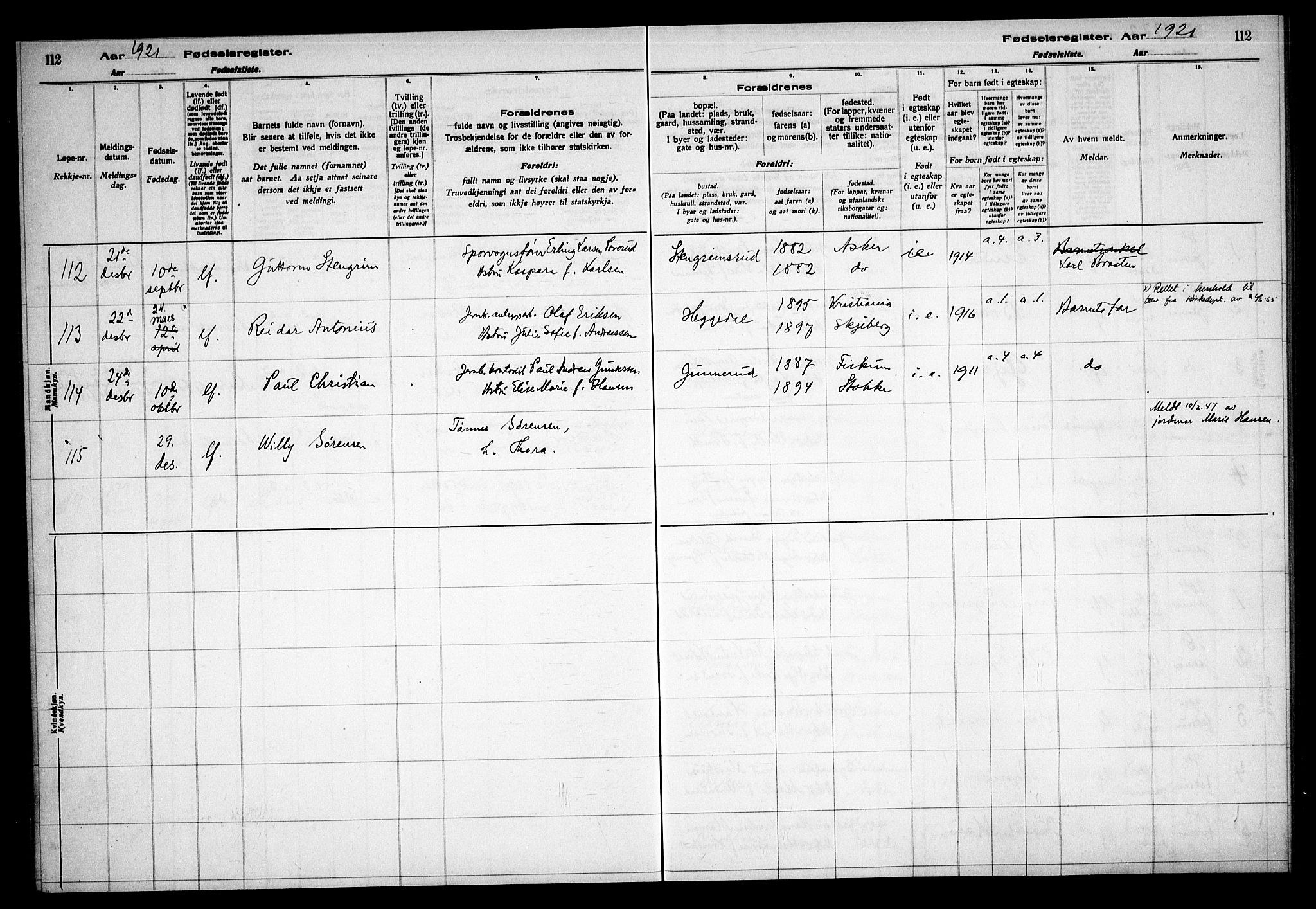 Asker prestekontor Kirkebøker, AV/SAO-A-10256a/J/L0001: Birth register no. 1, 1916-1925, p. 112