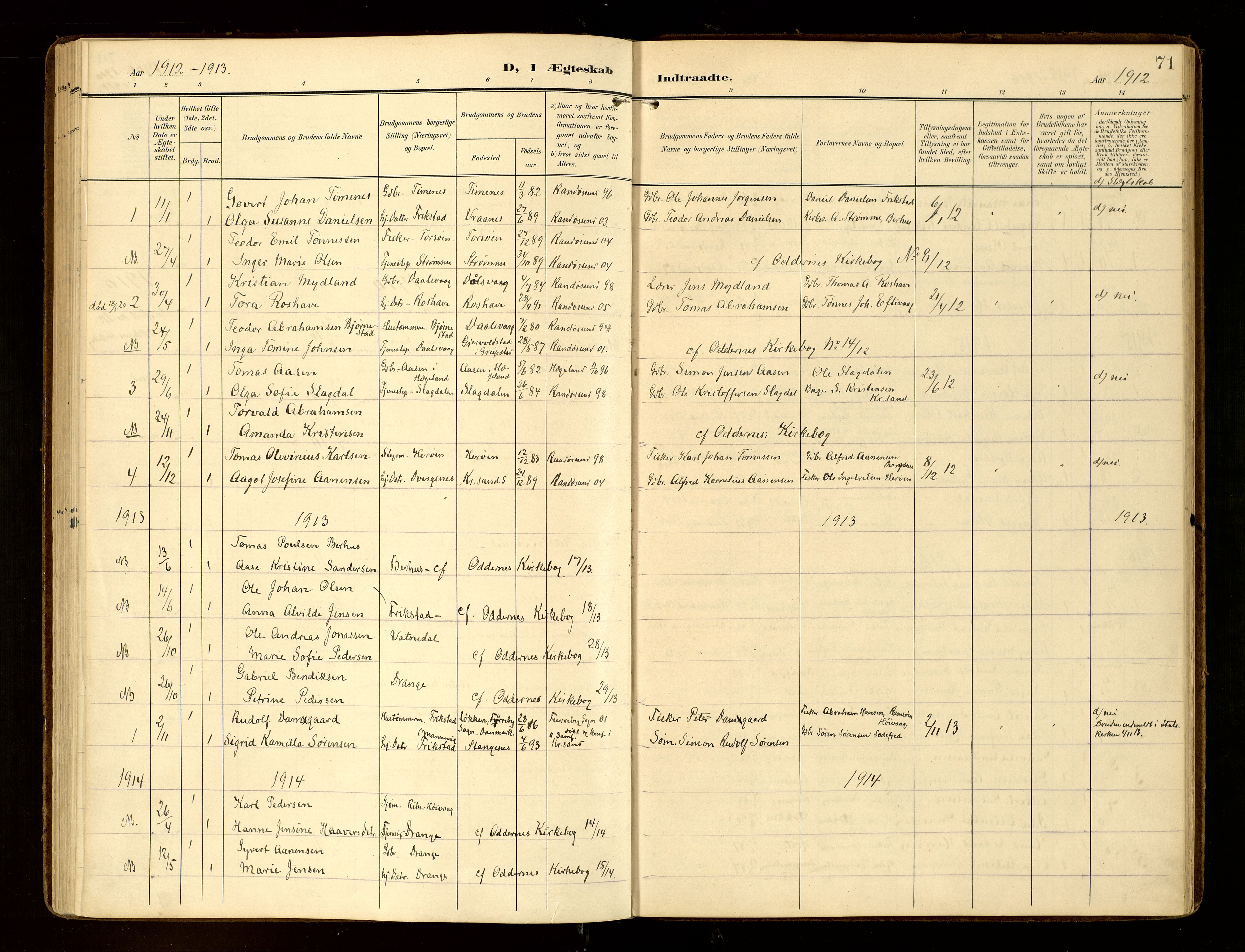 Oddernes sokneprestkontor, AV/SAK-1111-0033/F/Fa/Fab/L0003: Parish register (official) no. A 3, 1903-1916, p. 71