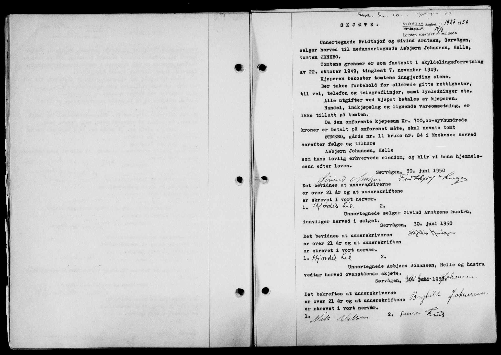 Lofoten sorenskriveri, SAT/A-0017/1/2/2C/L0024a: Mortgage book no. 24a, 1950-1950, Diary no: : 1927/1950