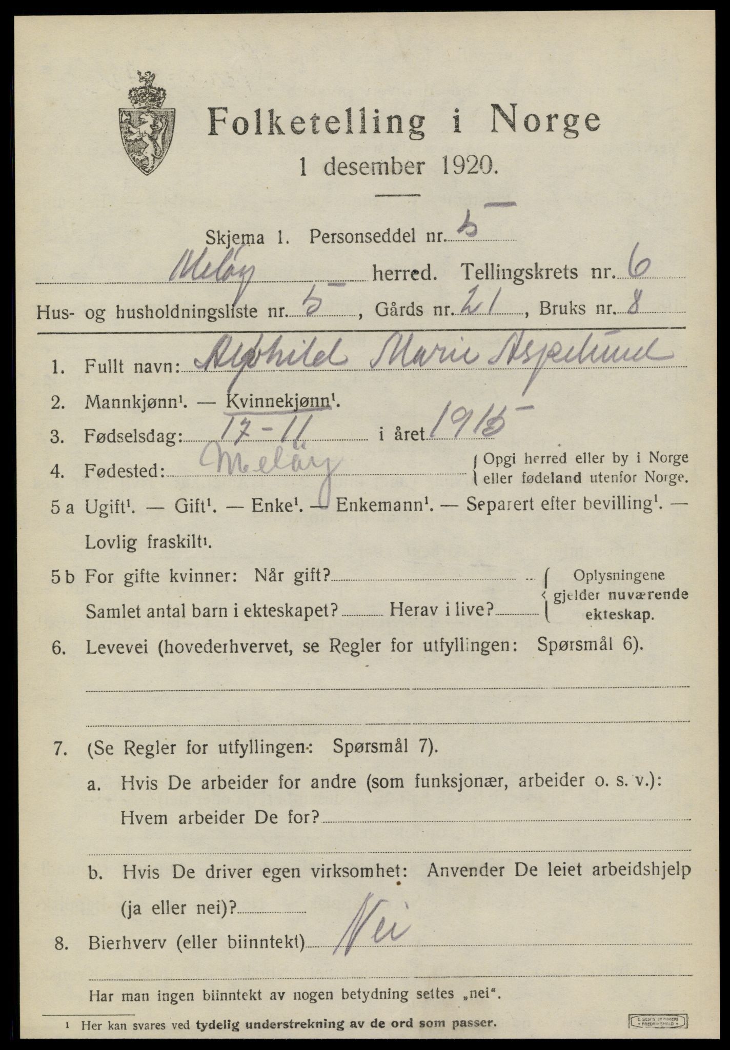 SAT, 1920 census for Meløy, 1920, p. 3459