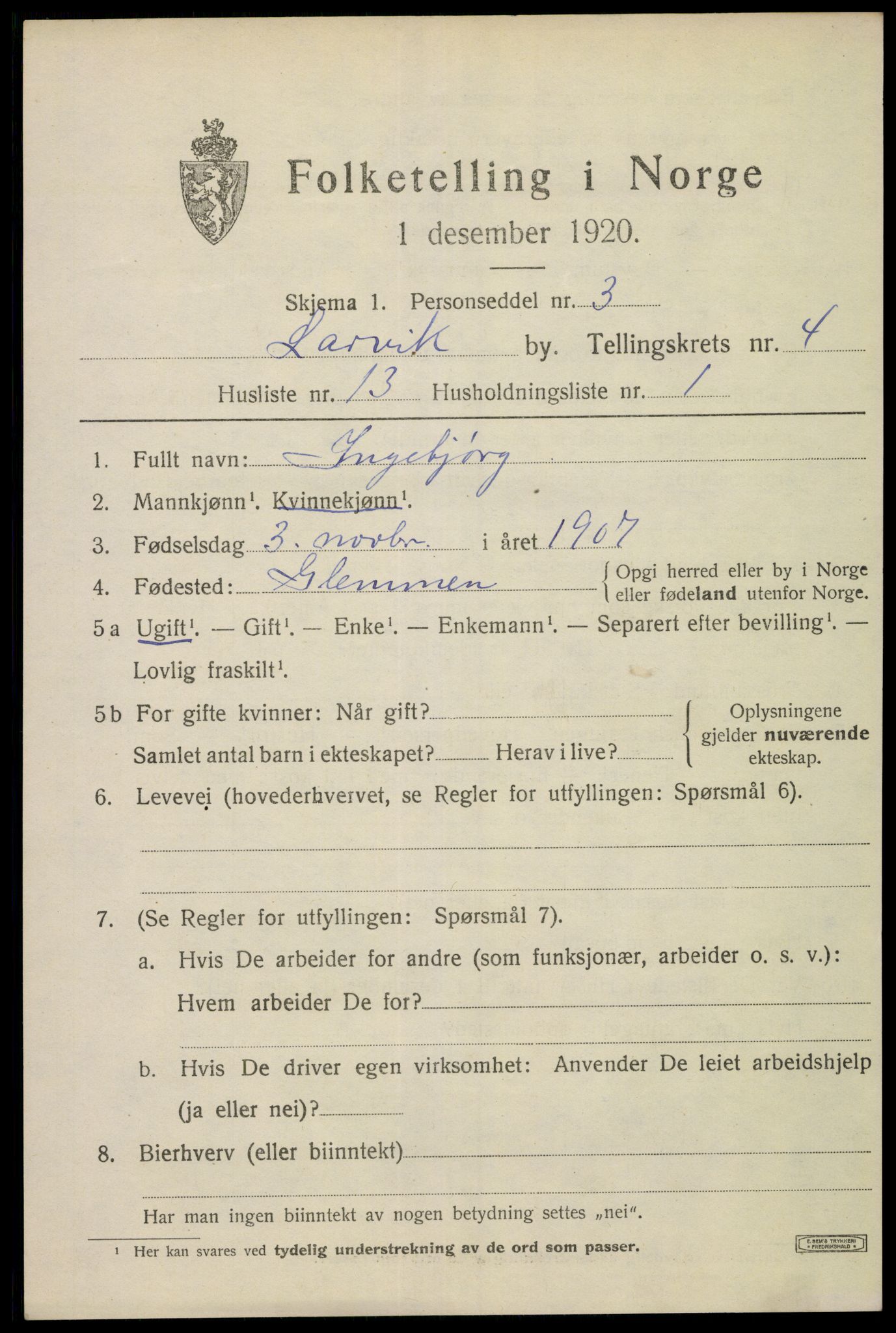 SAKO, 1920 census for Larvik, 1920, p. 13642