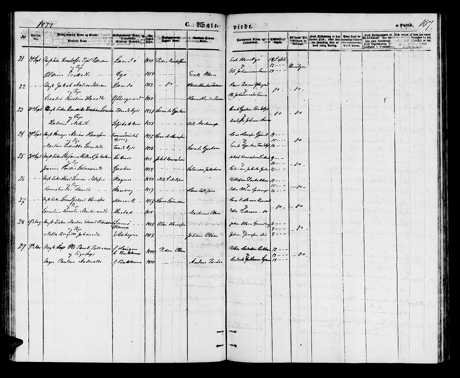 Lenvik sokneprestembete, AV/SATØ-S-1310/H/Ha/Hab/L0005klokker: Parish register (copy) no. 5, 1870-1880, p. 167