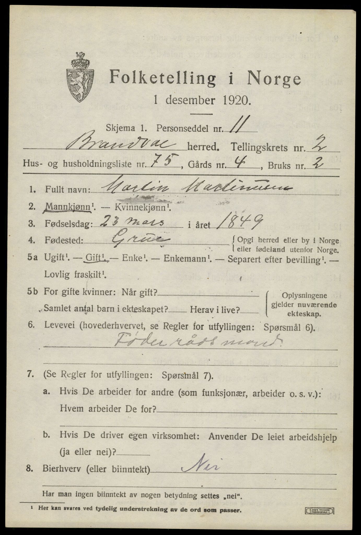 SAH, 1920 census for Brandval, 1920, p. 3000