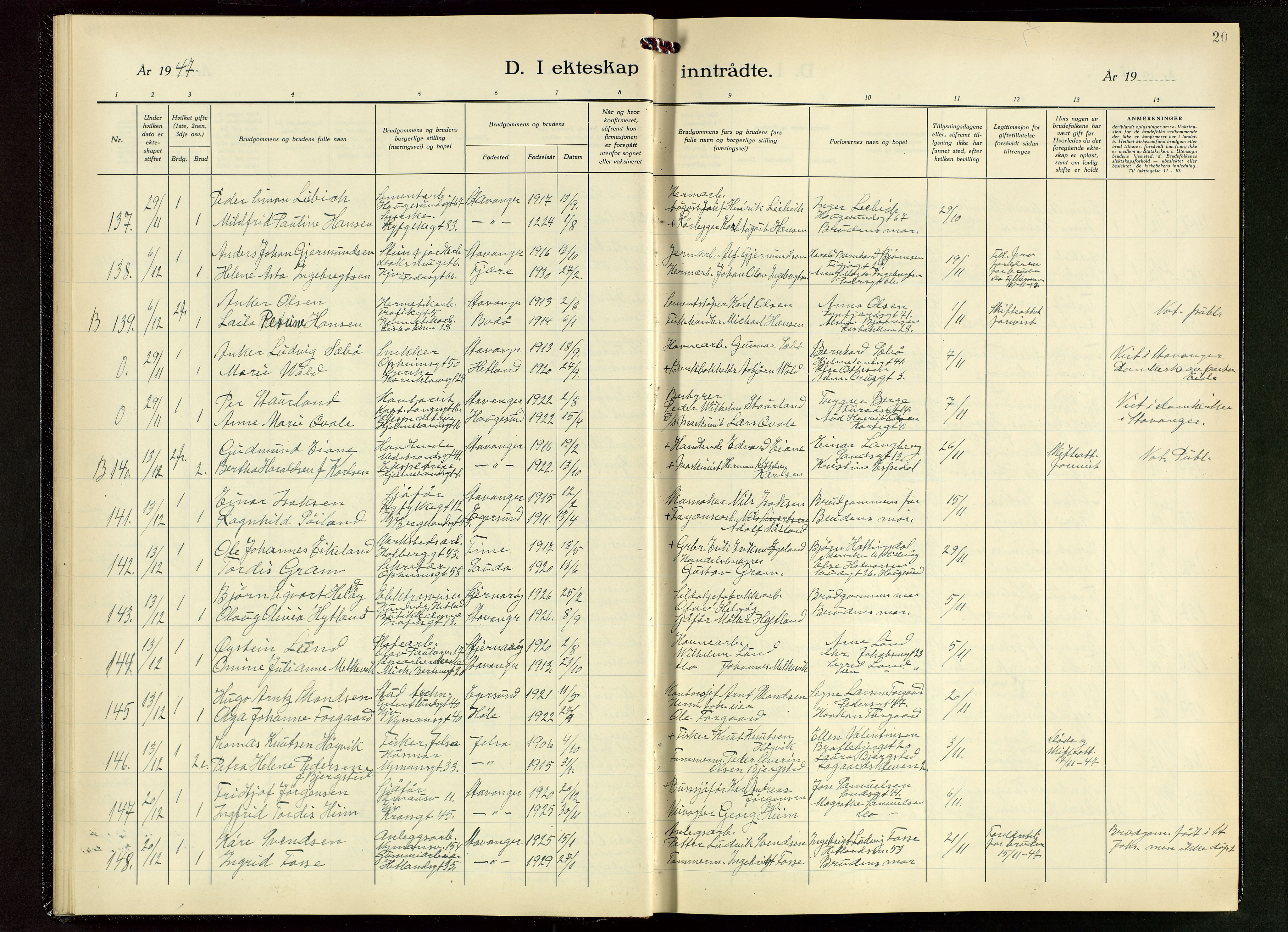 St. Johannes sokneprestkontor, SAST/A-101814/001/30/30BB/L0011: Parish register (copy) no. B 11, 1946-1950, p. 20