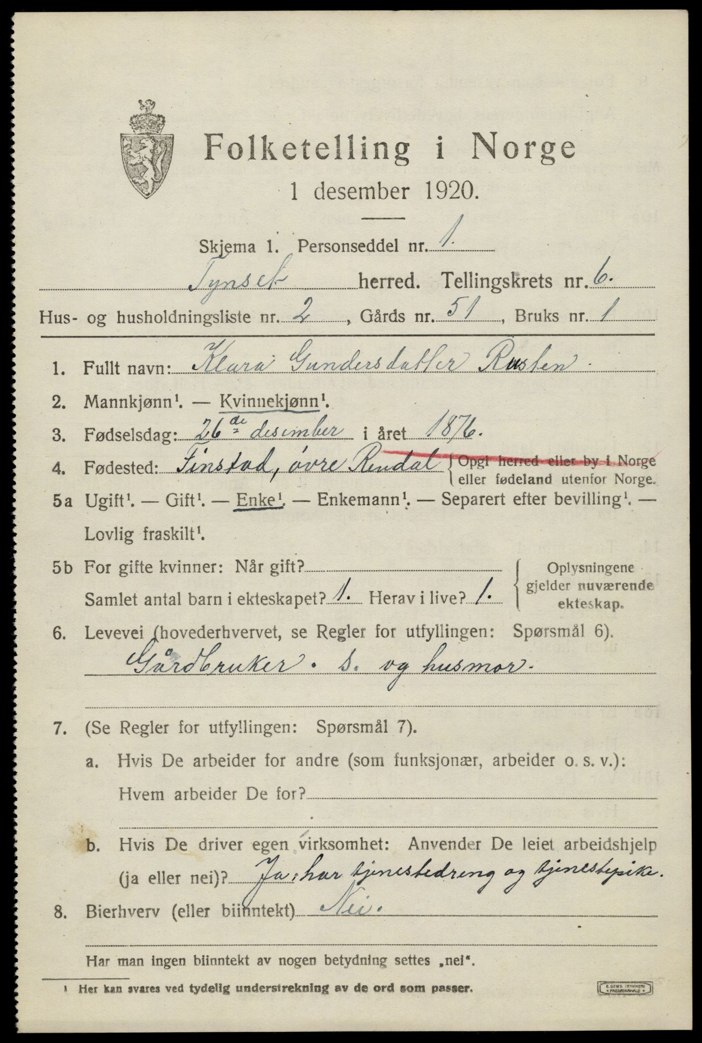 SAH, 1920 census for Tynset, 1920, p. 5524