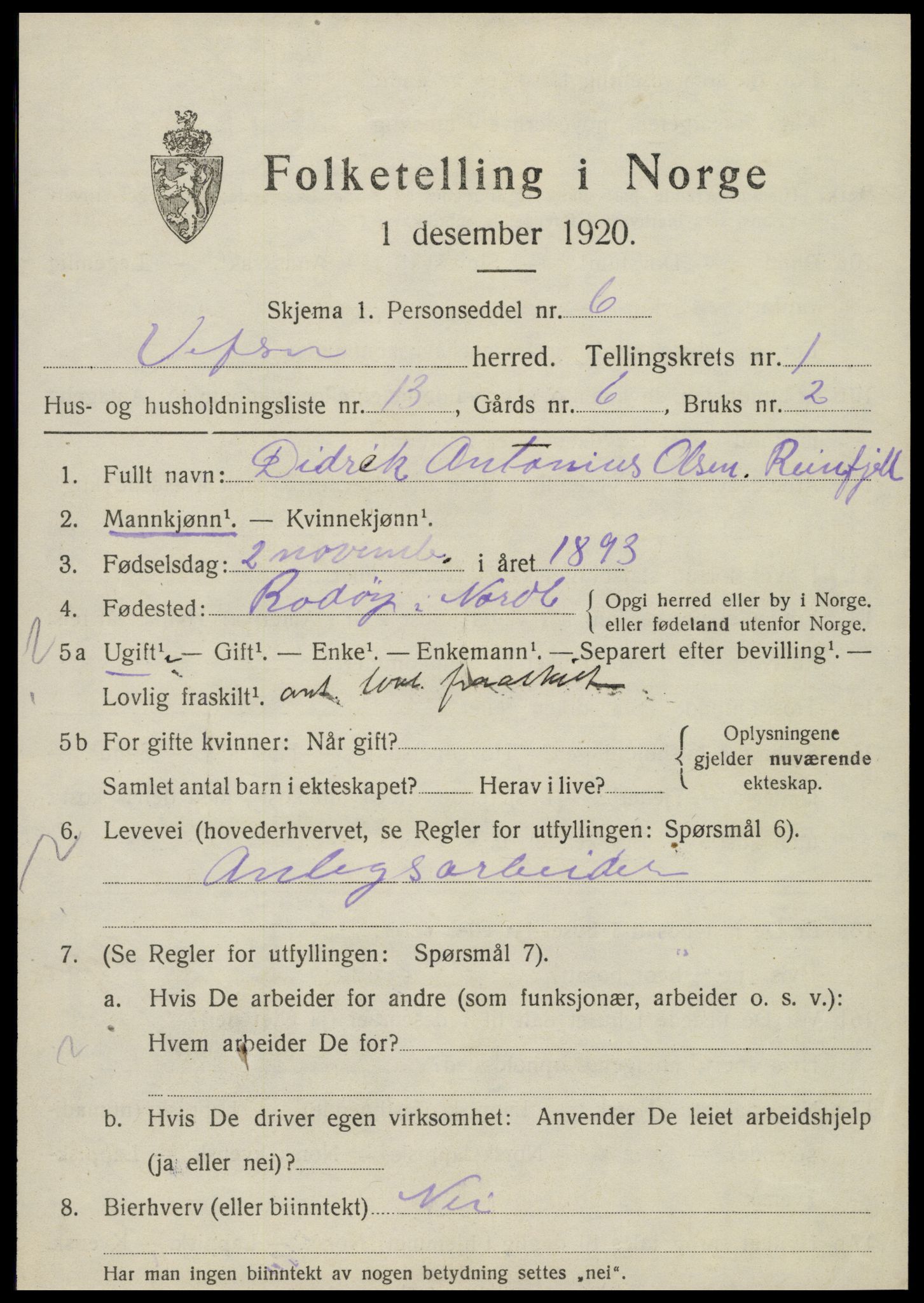 SAT, 1920 census for Vefsn, 1920, p. 1837