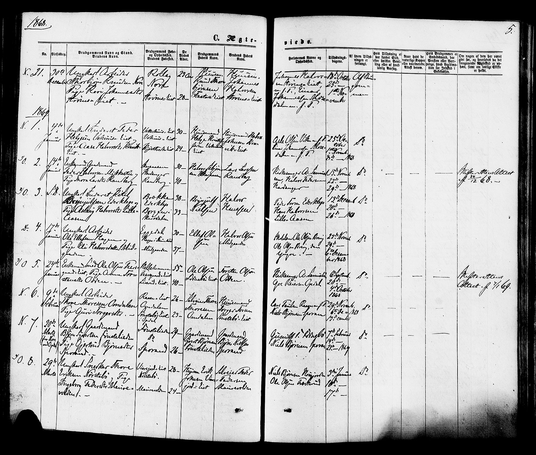 Nore kirkebøker, SAKO/A-238/F/Fa/L0004: Parish register (official) no. I 4, 1867-1877, p. 5