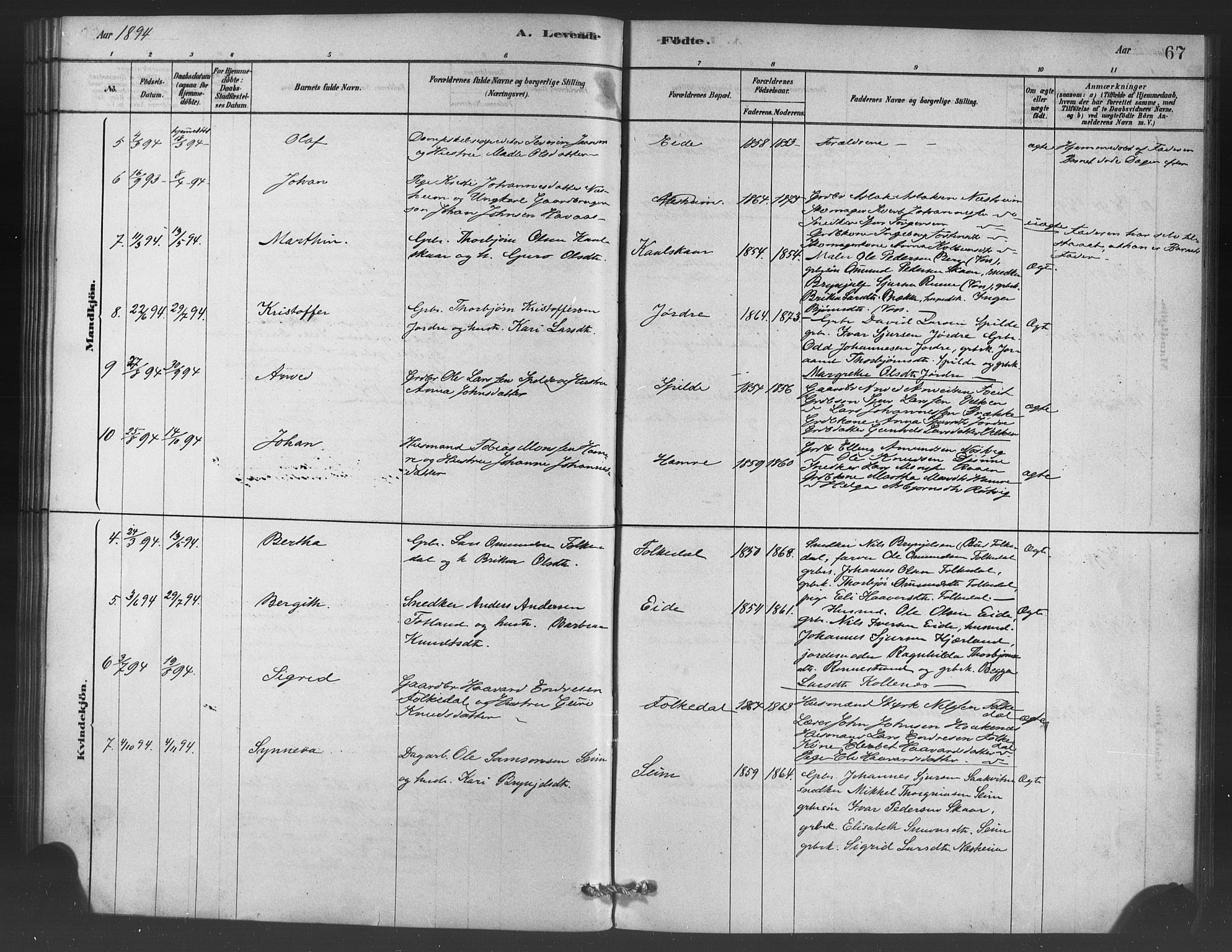 Ulvik sokneprestembete, SAB/A-78801/H/Haa: Parish register (official) no. C 1, 1878-1903, p. 67