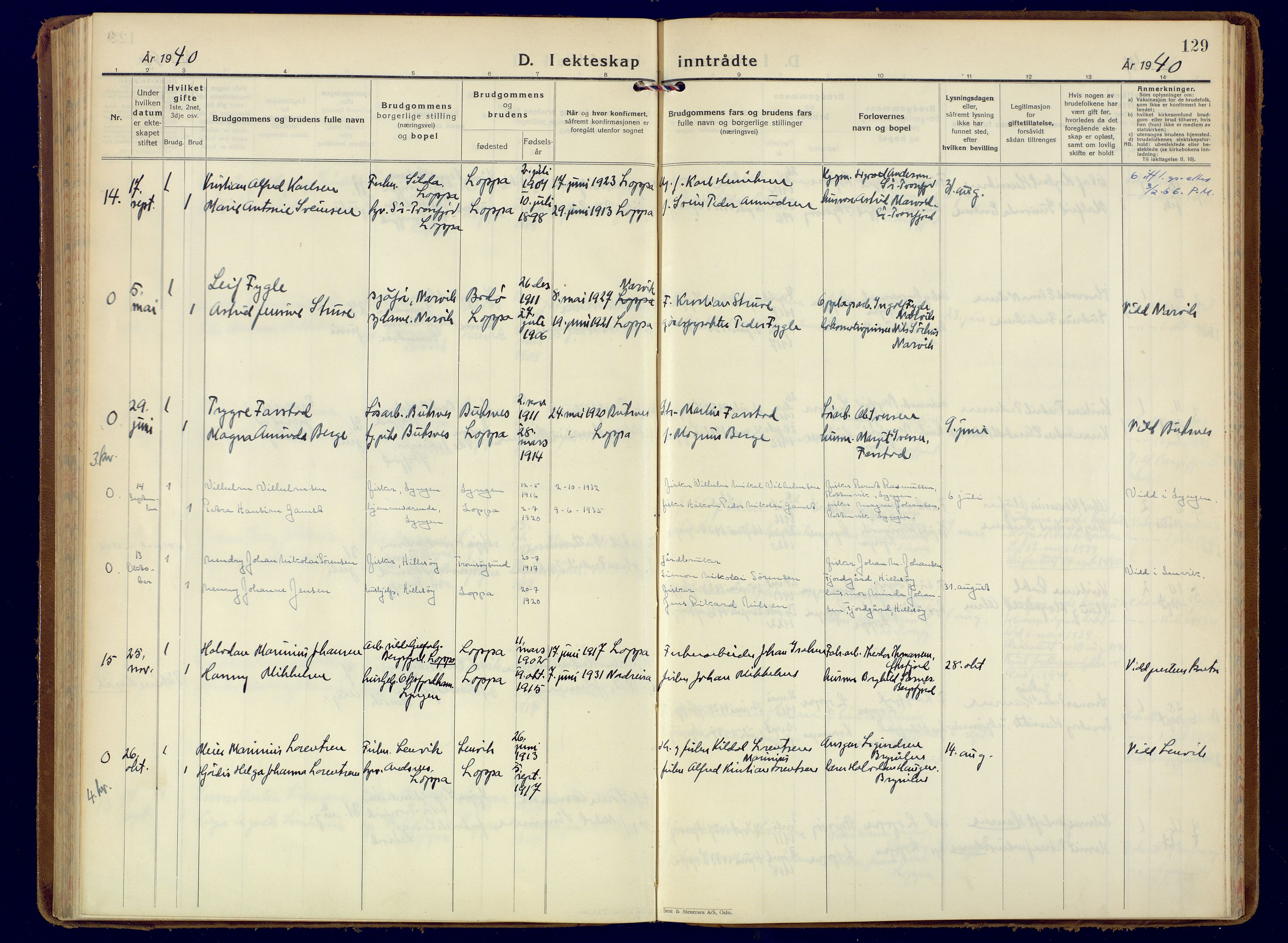 Loppa sokneprestkontor, AV/SATØ-S-1339/H/Ha/L0014kirke: Parish register (official) no. 14, 1933-1942, p. 129