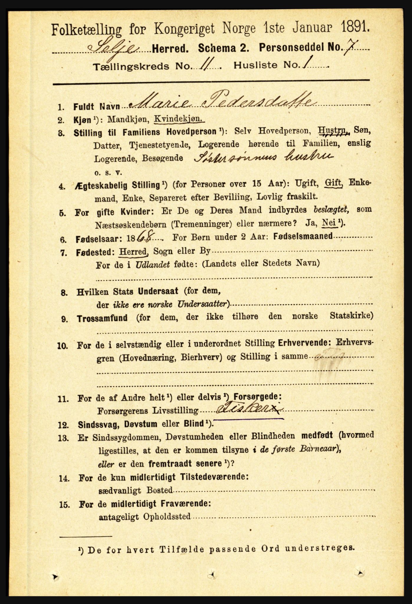 RA, 1891 census for 1441 Selje, 1891, p. 3421