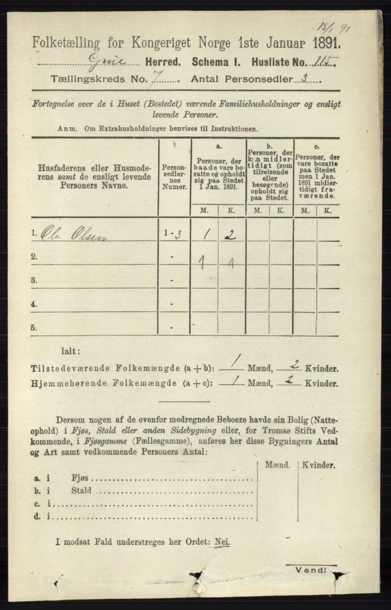 RA, 1891 census for 0423 Grue, 1891, p. 3564