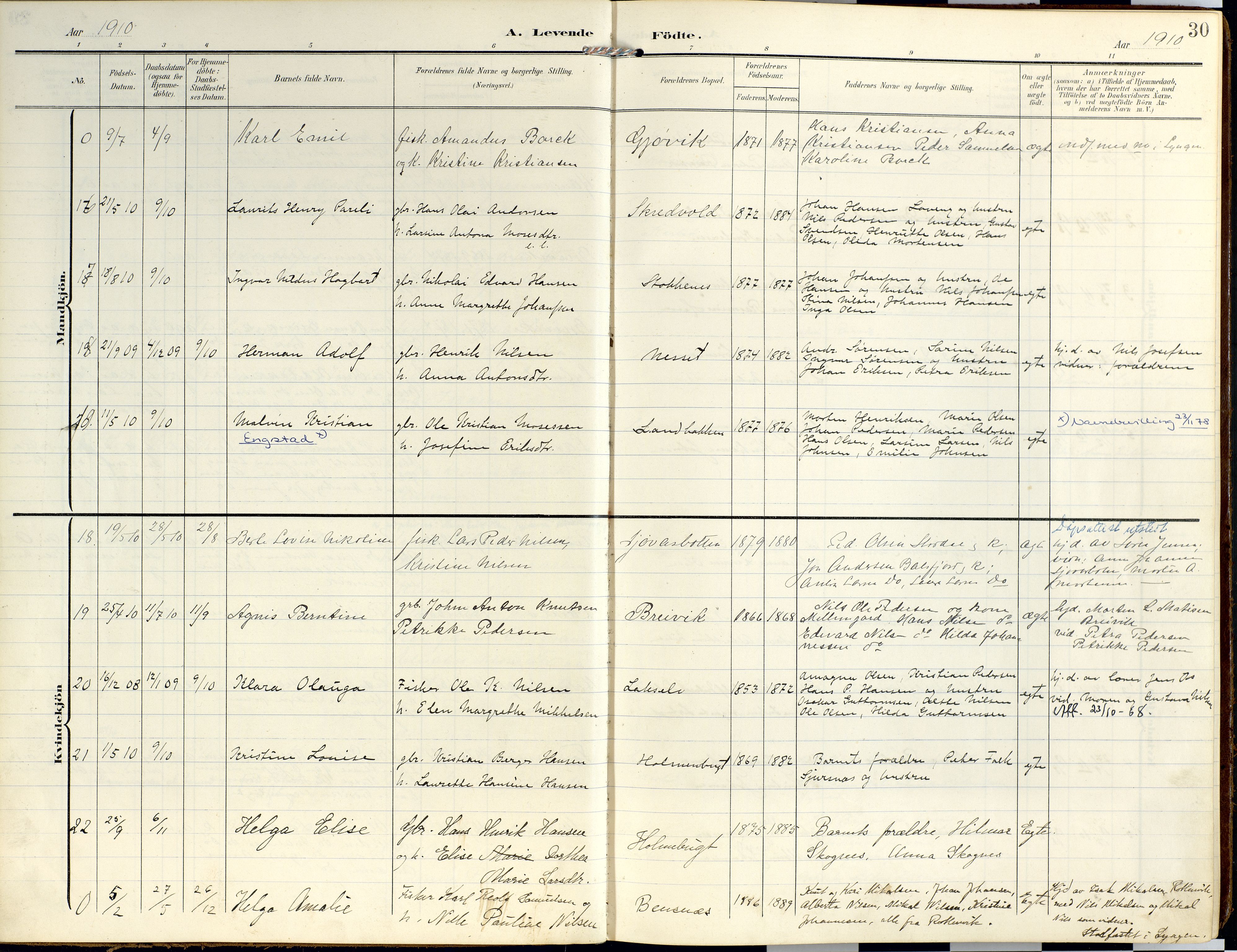 Lyngen sokneprestembete, SATØ/S-1289/H/He/Hea/L0014kirke: Parish register (official) no. 14, 1905-1920, p. 30