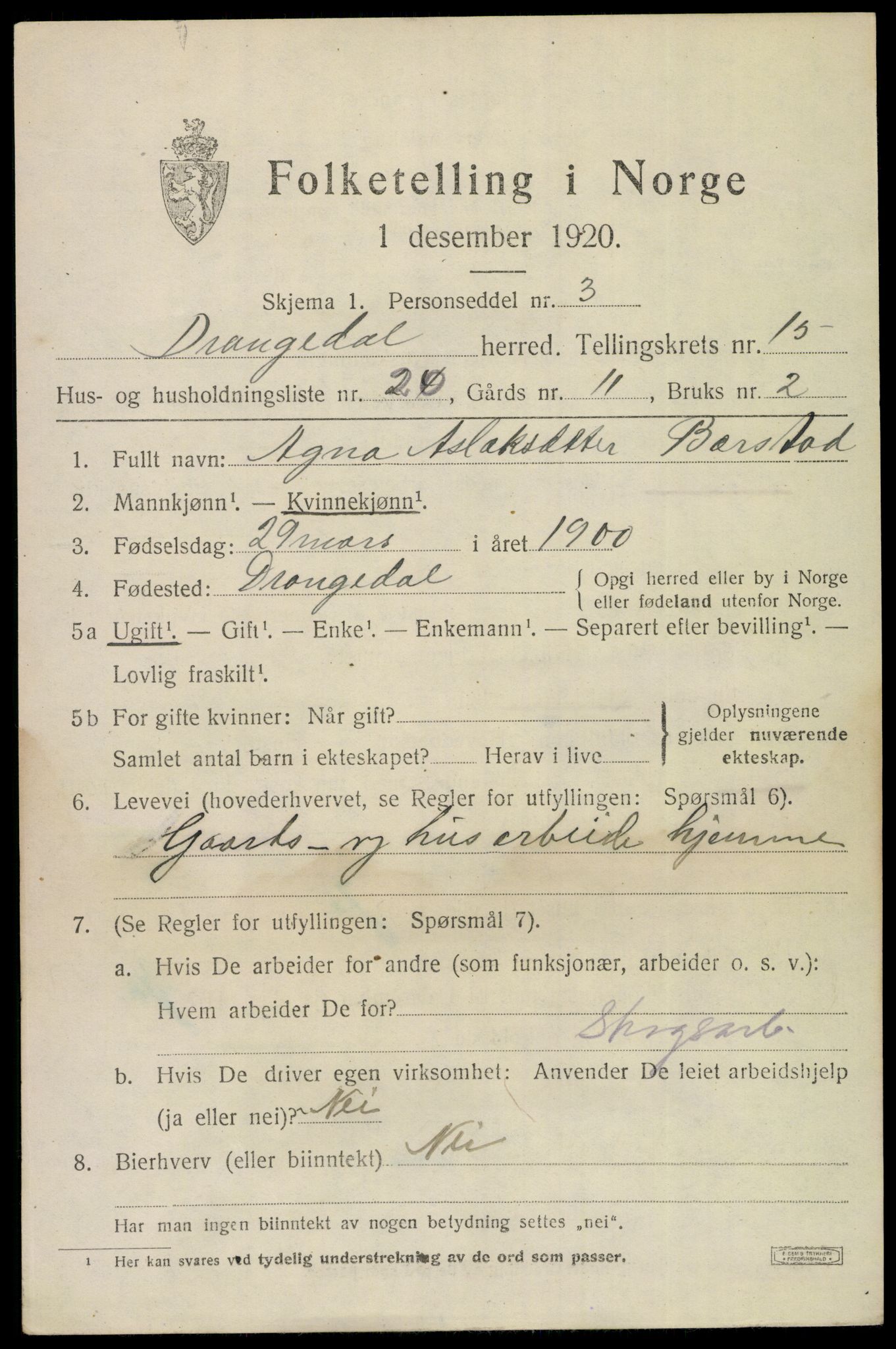 SAKO, 1920 census for Drangedal, 1920, p. 7785