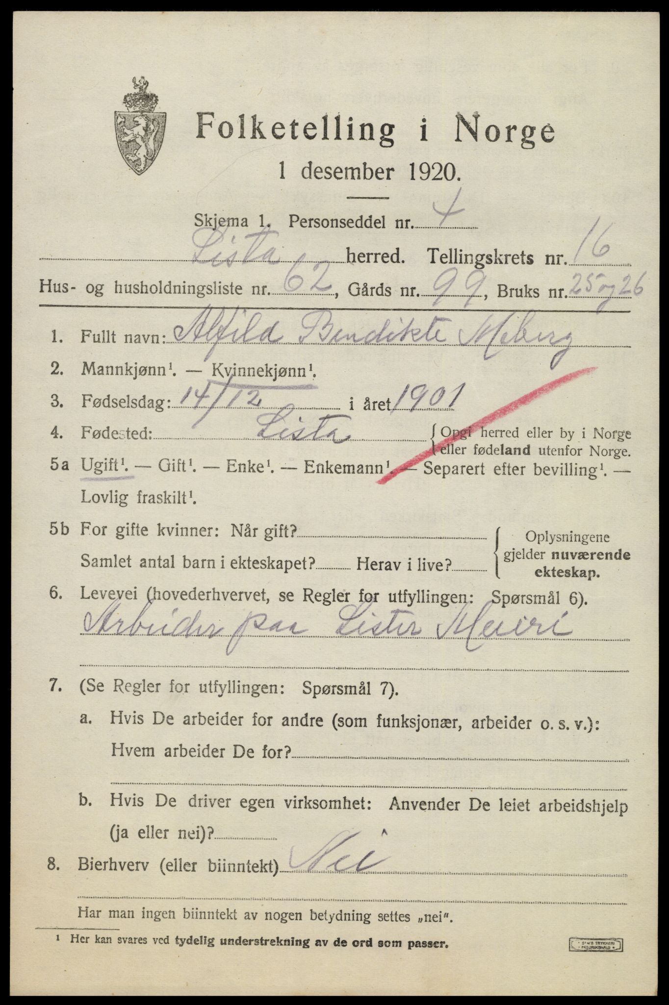 SAK, 1920 census for Lista, 1920, p. 13415