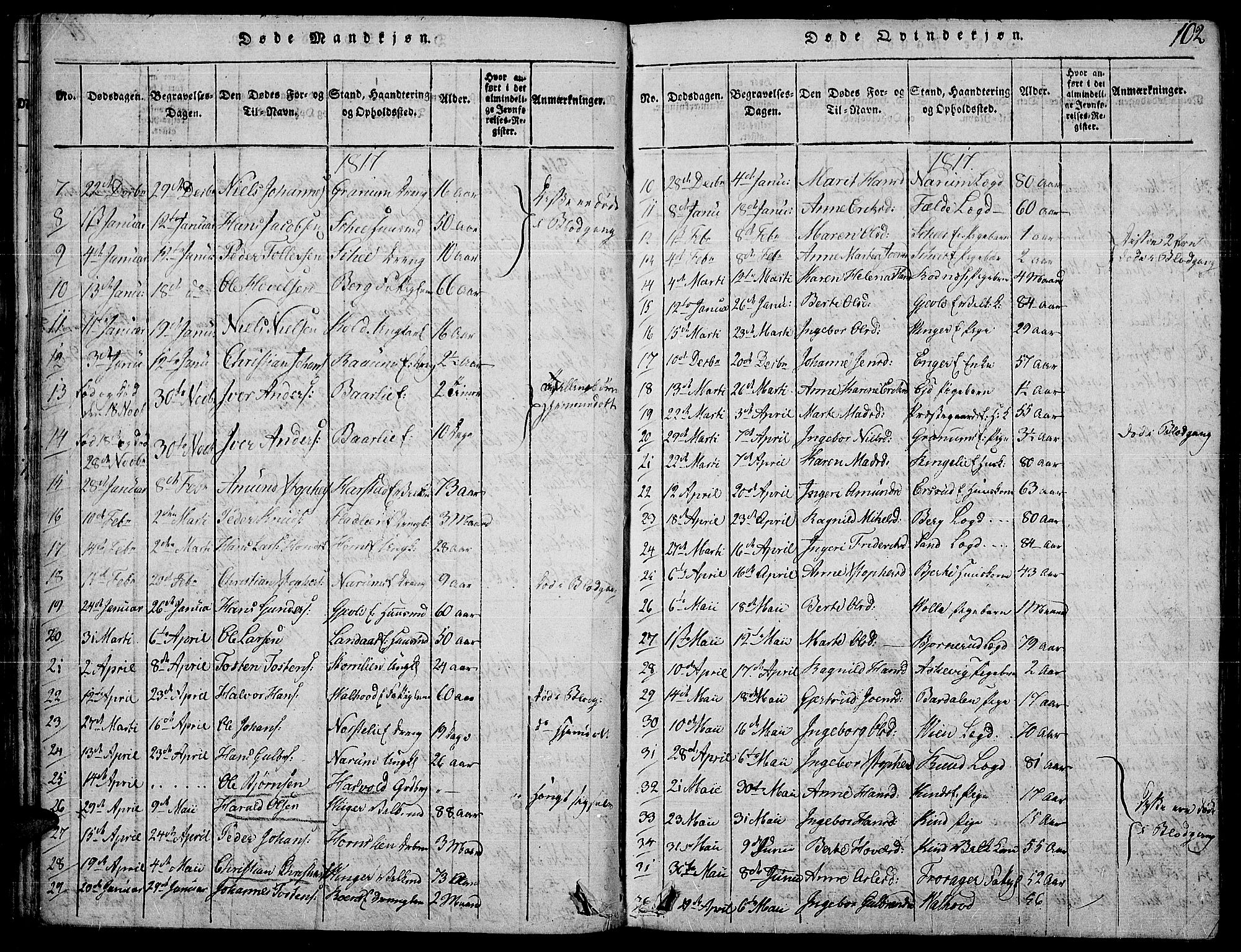 Land prestekontor, AV/SAH-PREST-120/H/Ha/Haa/L0007: Parish register (official) no. 7, 1814-1830, p. 102