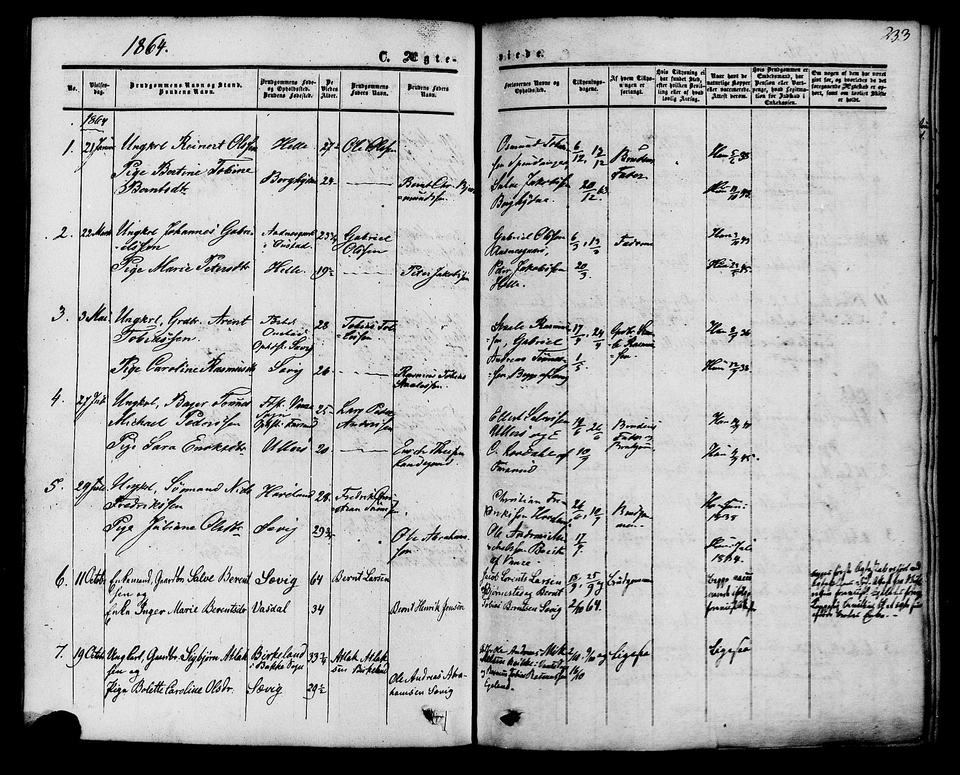 Herad sokneprestkontor, AV/SAK-1111-0018/F/Fa/Fab/L0004: Parish register (official) no. A 4, 1853-1885, p. 233