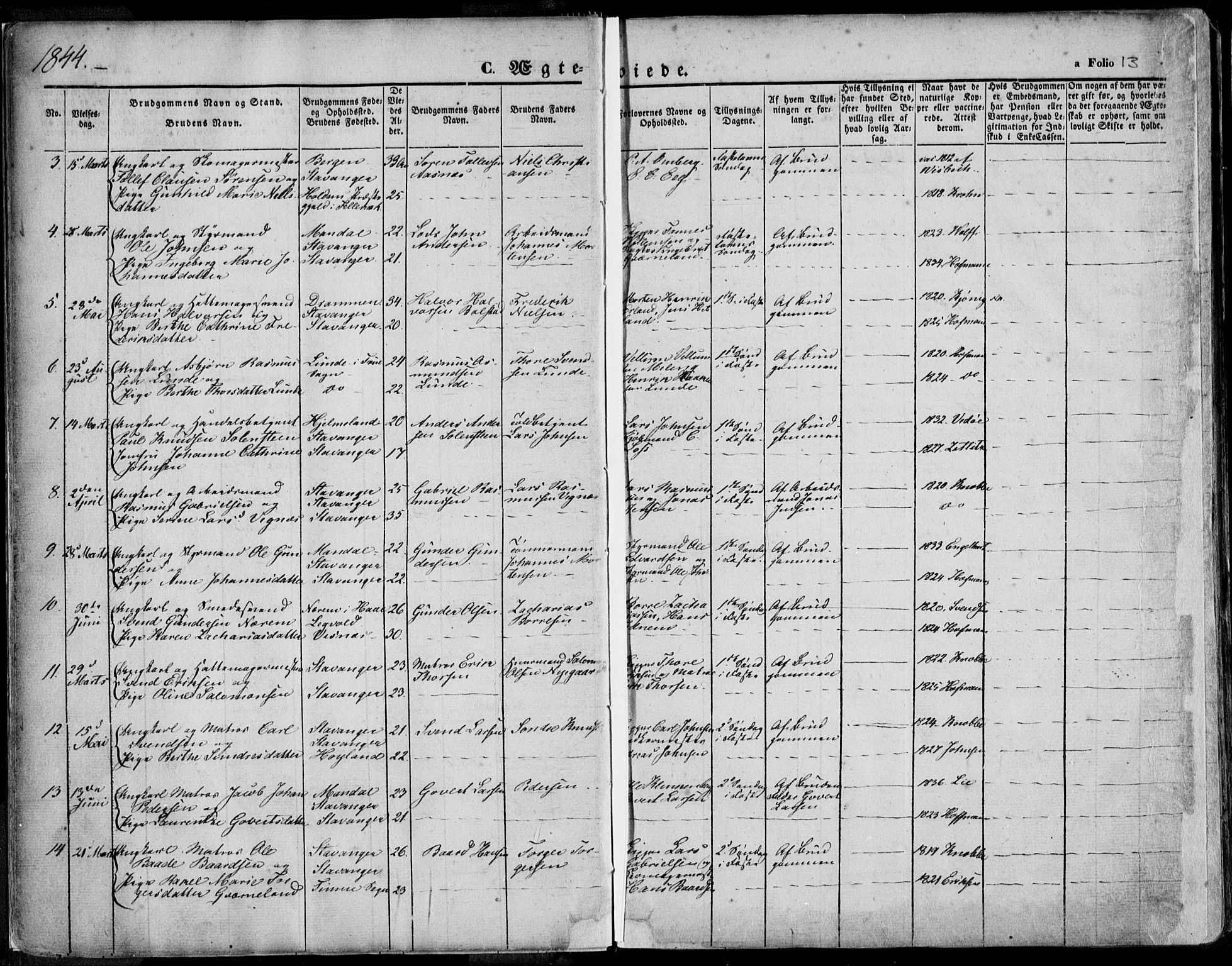 Domkirken sokneprestkontor, AV/SAST-A-101812/001/30/30BA/L0015: Parish register (official) no. A 14, 1842-1857, p. 13