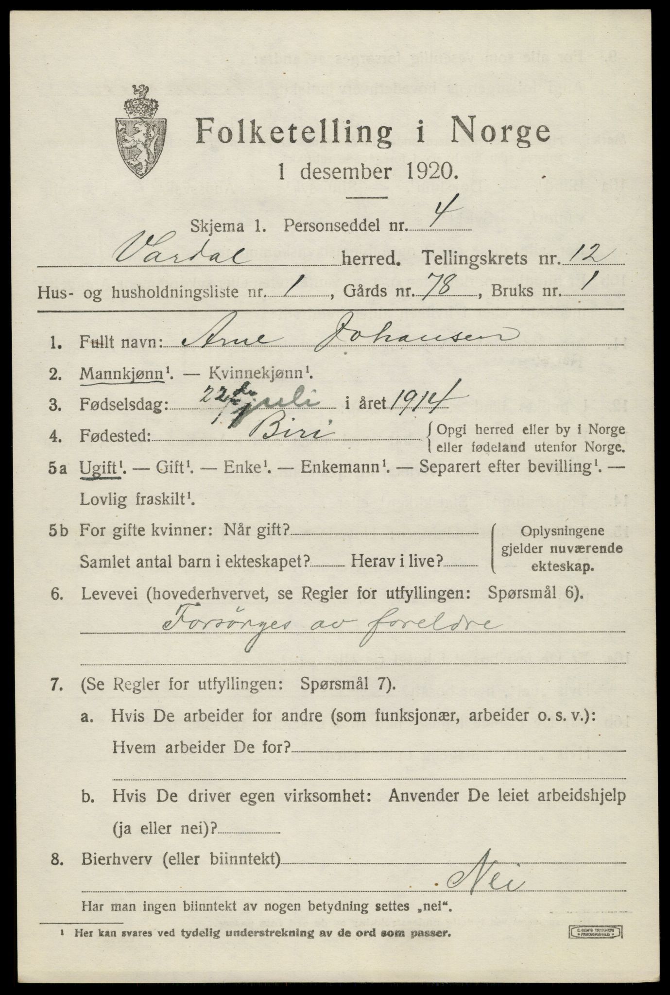 SAH, 1920 census for Vardal, 1920, p. 13141