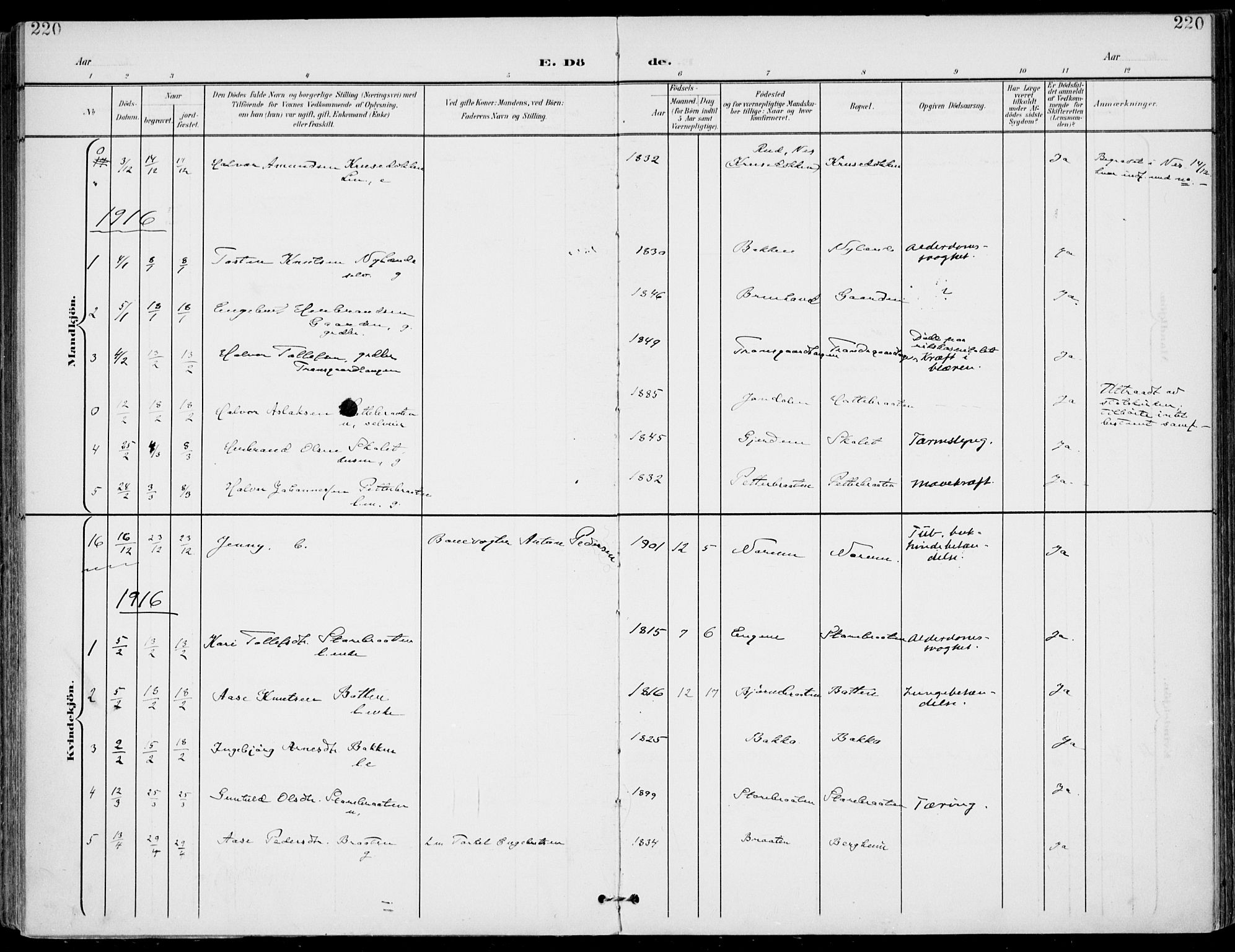 Gol kirkebøker, AV/SAKO-A-226/F/Fa/L0006: Parish register (official) no. I 6, 1901-1918, p. 220