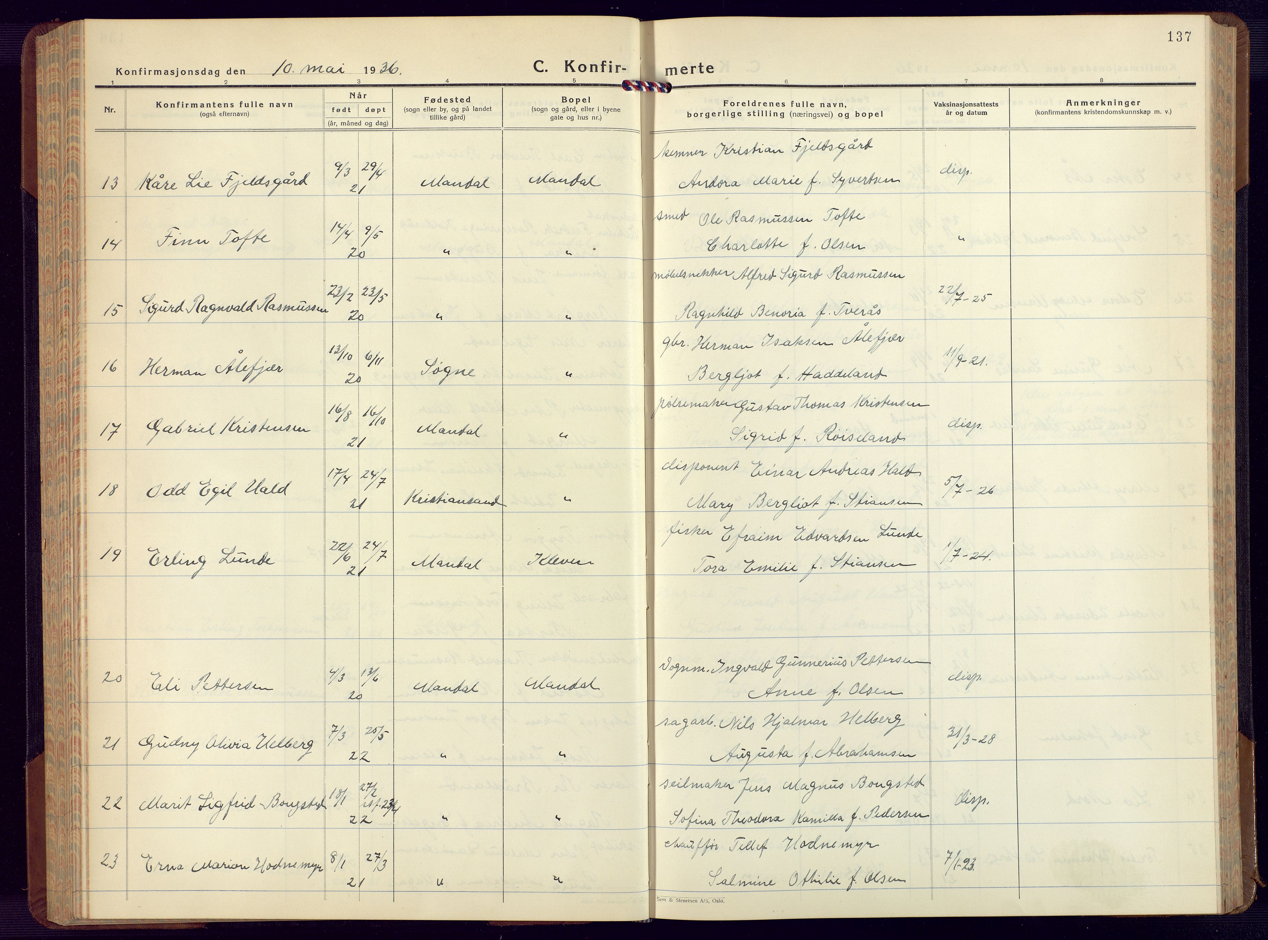 Mandal sokneprestkontor, SAK/1111-0030/F/Fb/Fbc/L0002: Parish register (copy) no. B 2, 1931-1949, p. 137