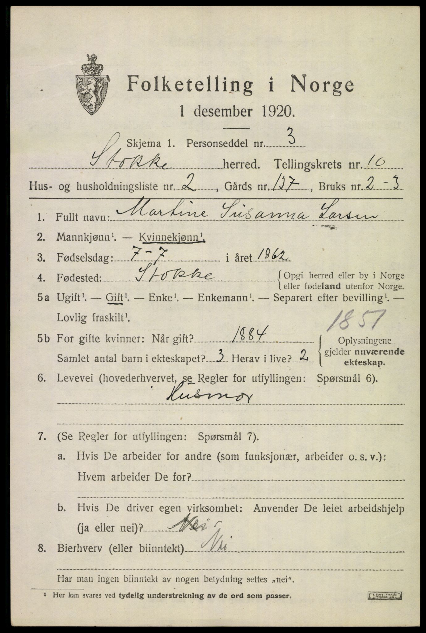 SAKO, 1920 census for Stokke, 1920, p. 11186