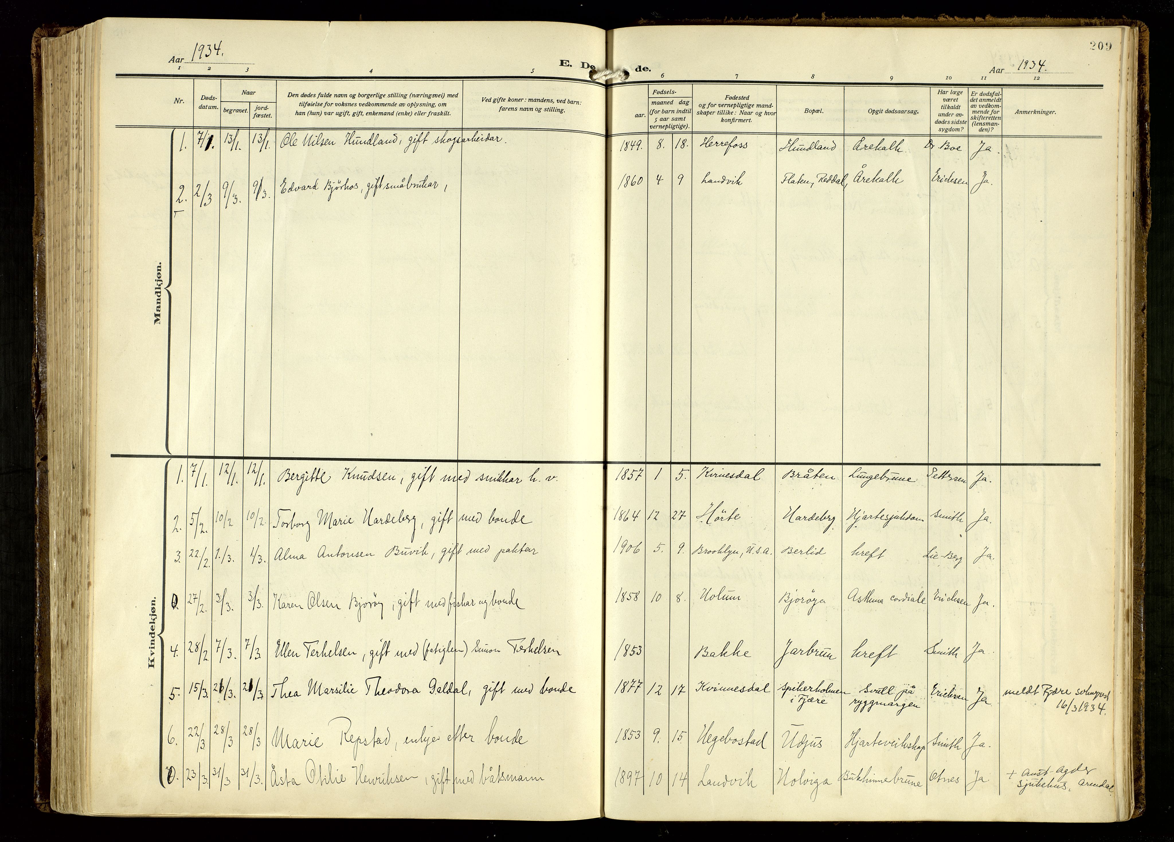 Hommedal sokneprestkontor, SAK/1111-0023/F/Fa/Fab/L0008: Parish register (official) no. A 8, 1925-1956, p. 209