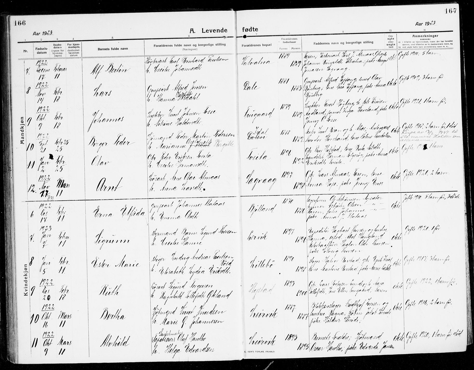 Stord sokneprestembete, AV/SAB-A-78201/H/Haa: Parish register (official) no. B 3, 1913-1925, p. 166-167