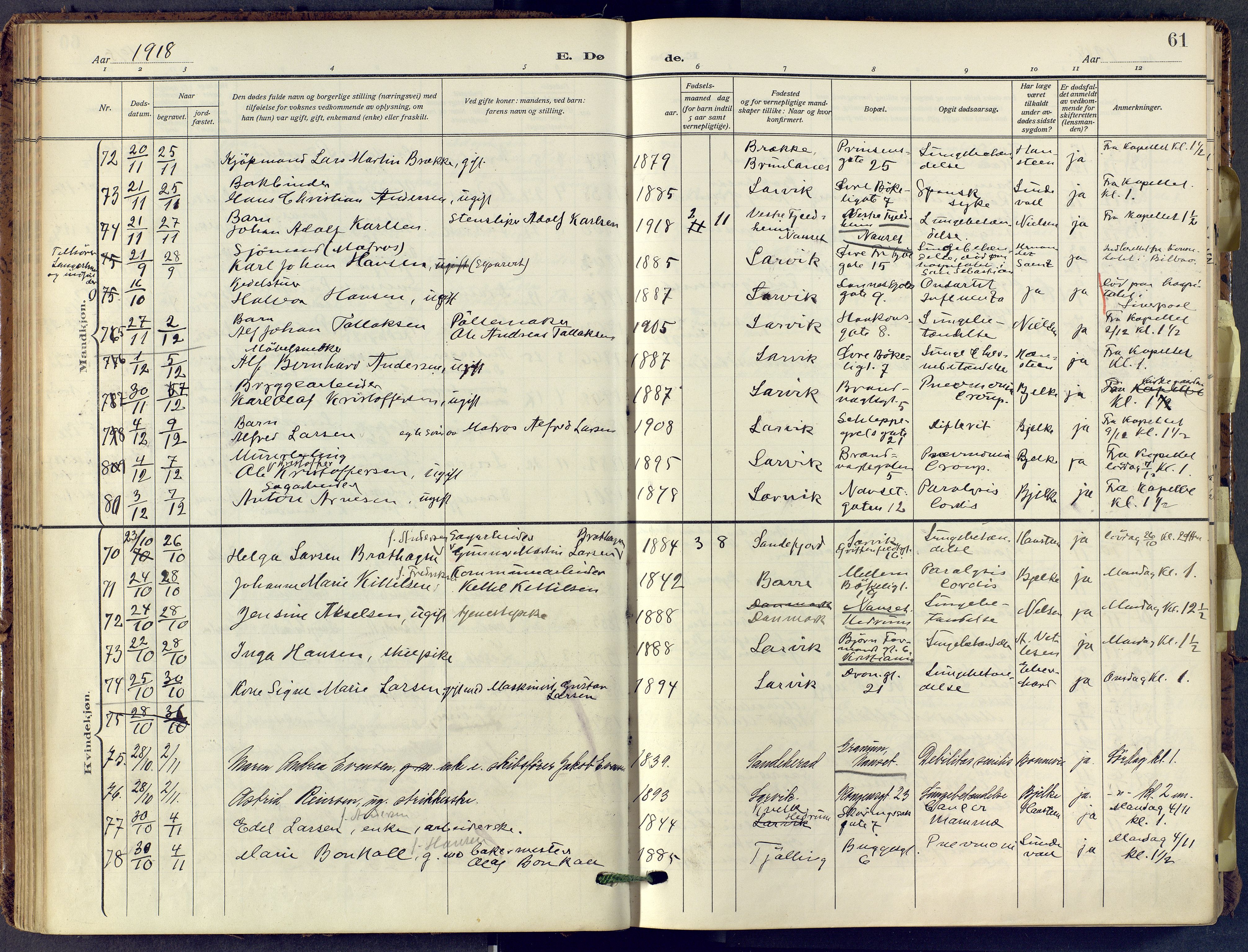 Larvik kirkebøker, SAKO/A-352/F/Fa/L0013: Parish register (official) no. I 13, 1910-1960, p. 61