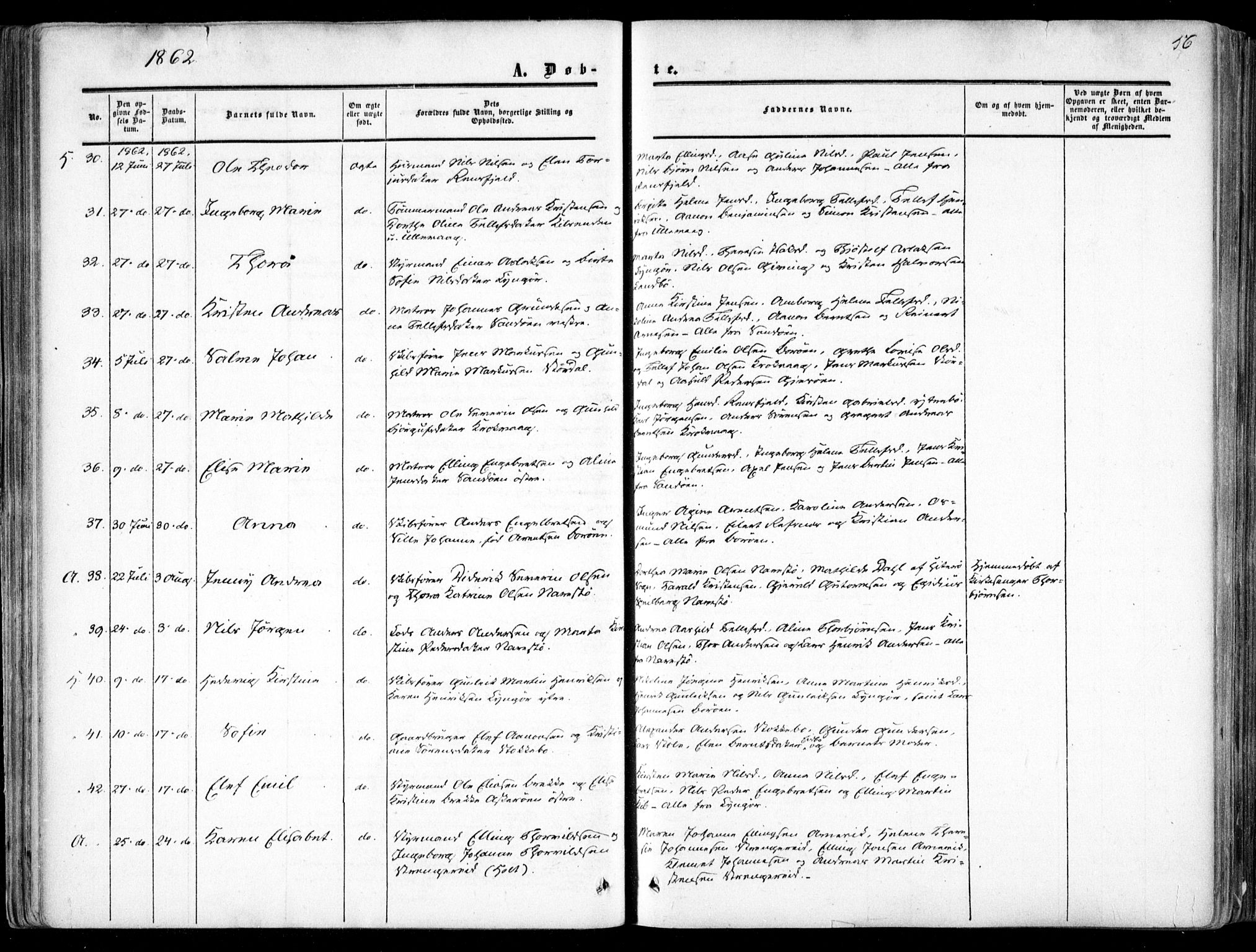 Dypvåg sokneprestkontor, SAK/1111-0007/F/Fa/Faa/L0006: Parish register (official) no. A 6, 1855-1872, p. 56