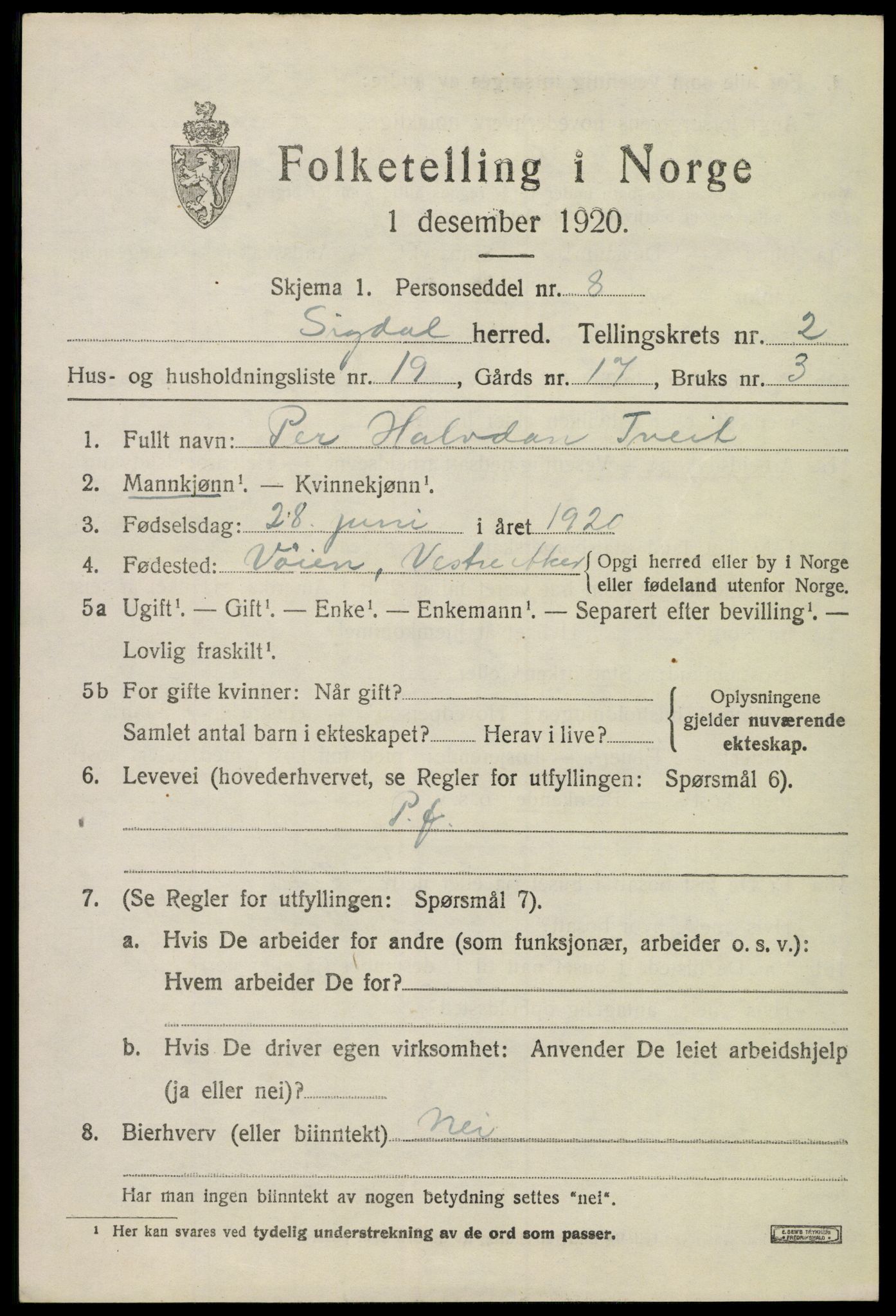 SAKO, 1920 census for Sigdal, 1920, p. 2240