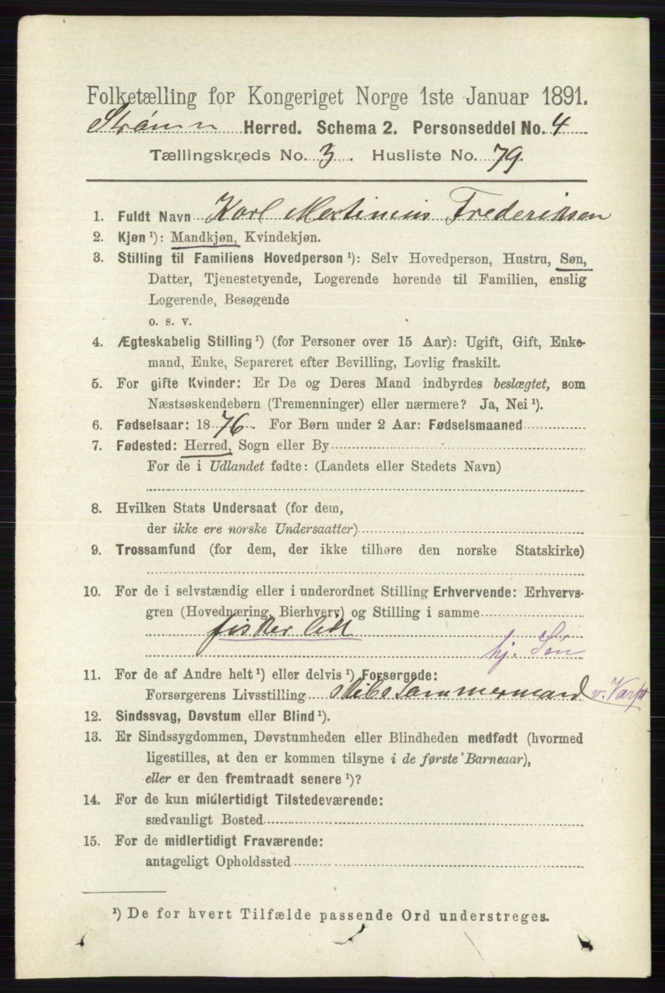 RA, 1891 census for 0711 Strømm, 1891, p. 1505