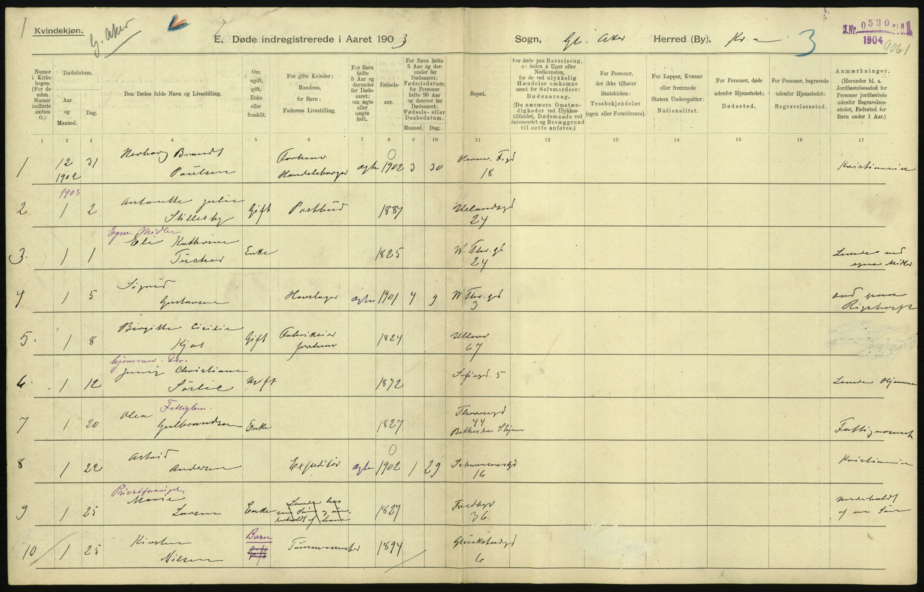 Statistisk sentralbyrå, Sosiodemografiske emner, Befolkning, AV/RA-S-2228/D/Df/Dfa/Dfaa/L0004: Kristiania: Gifte, døde, 1903, p. 65