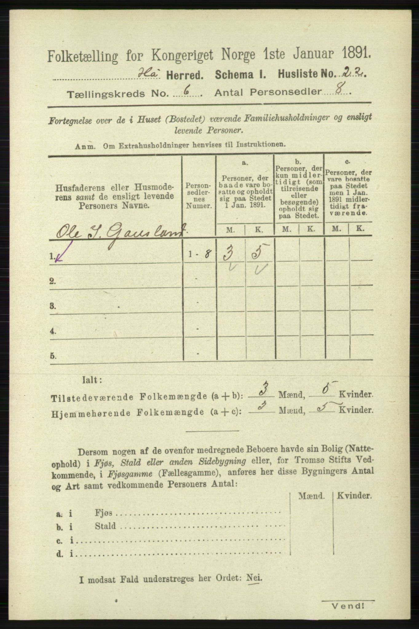 RA, 1891 census for 1119 Hå, 1891, p. 1709